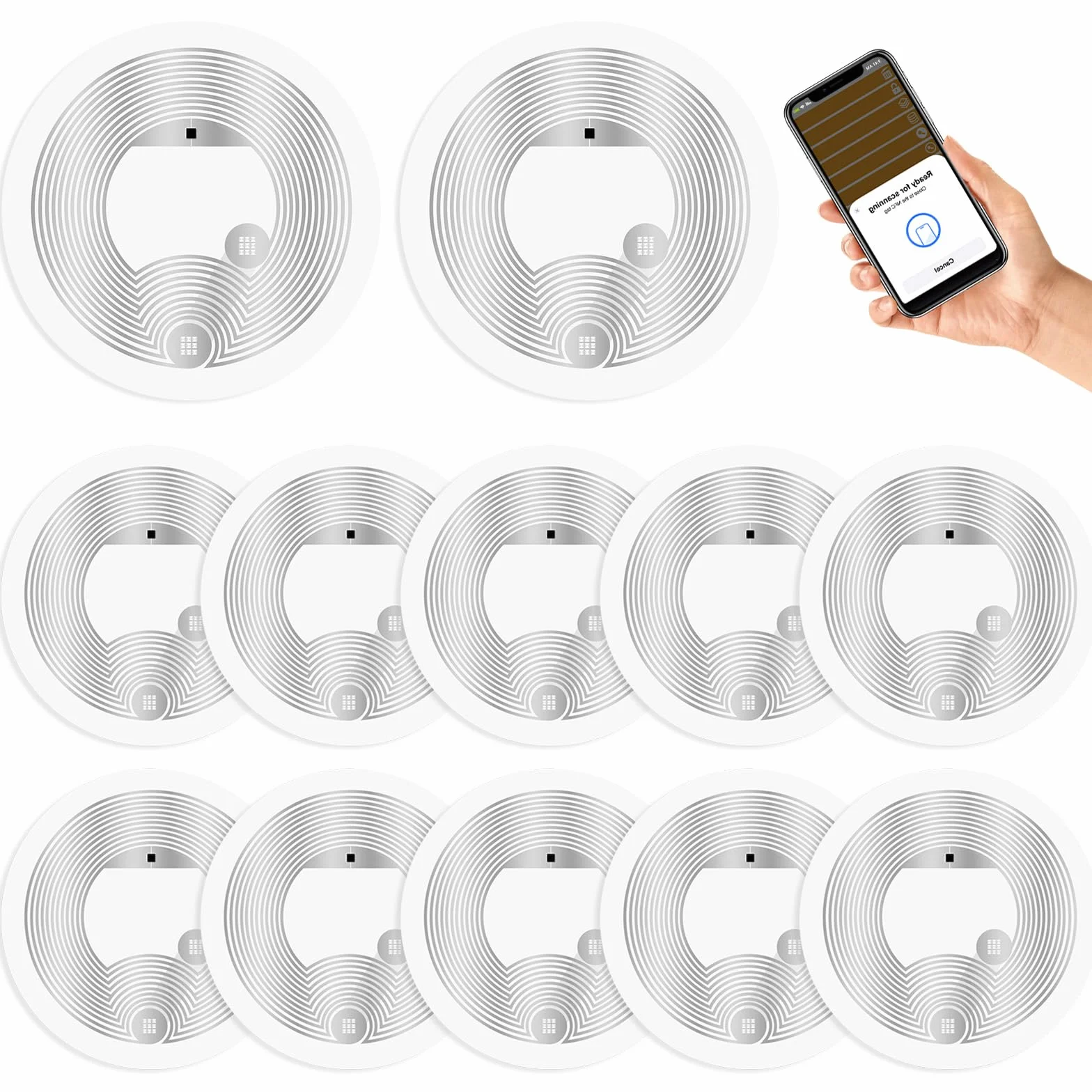 AXFEE 10 szt. znaczników NFC NTAG216, białe okrągłe naklejki NFC, średnica 25 mm, programowalne znaczniki NFC, pamięć RFID 888 bajtów, kompatybilna ze wszystkimi telefonami i urządzeniami