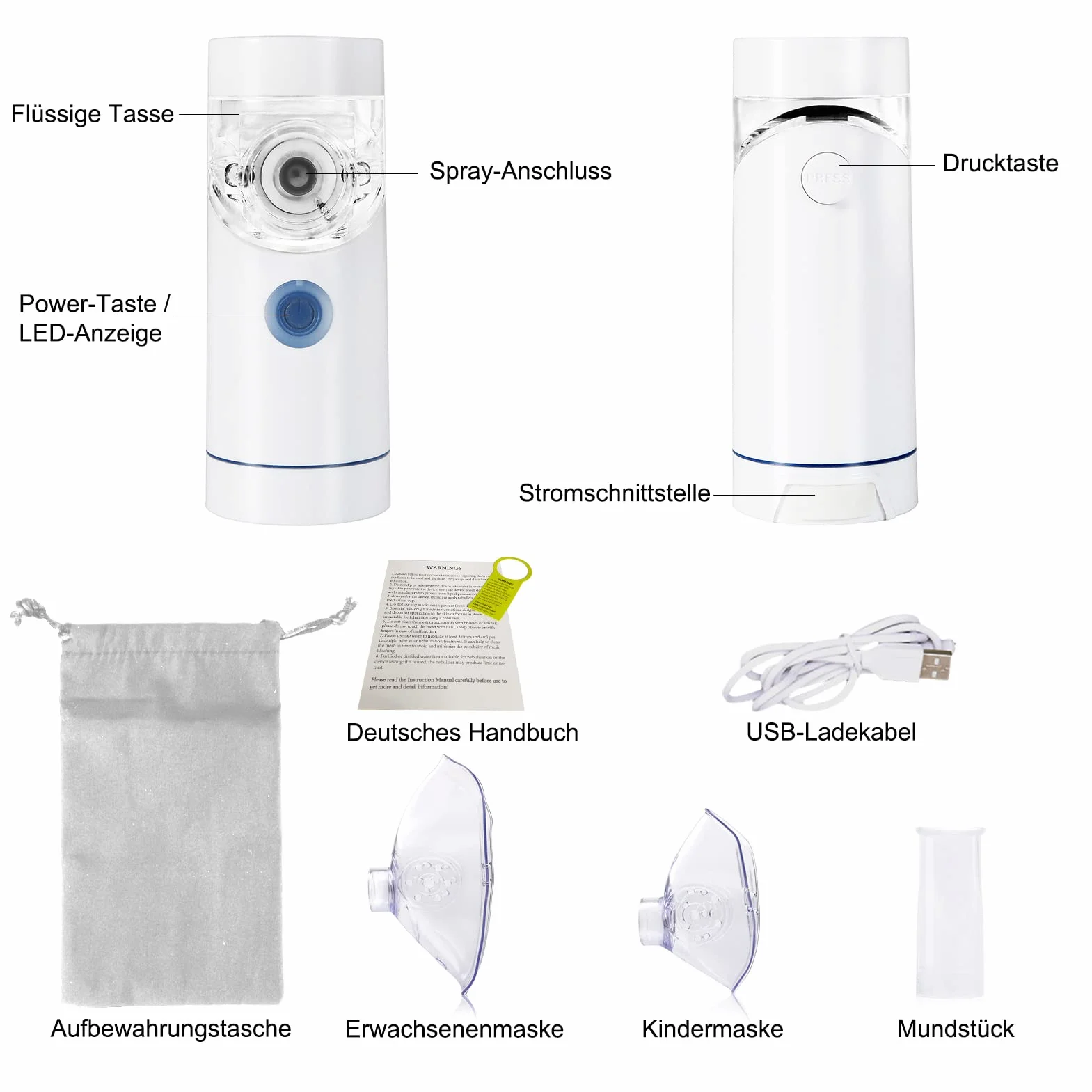 Inhalator przenośny nebulizator z ustnikiem i maską dla dzieci i dorosłych