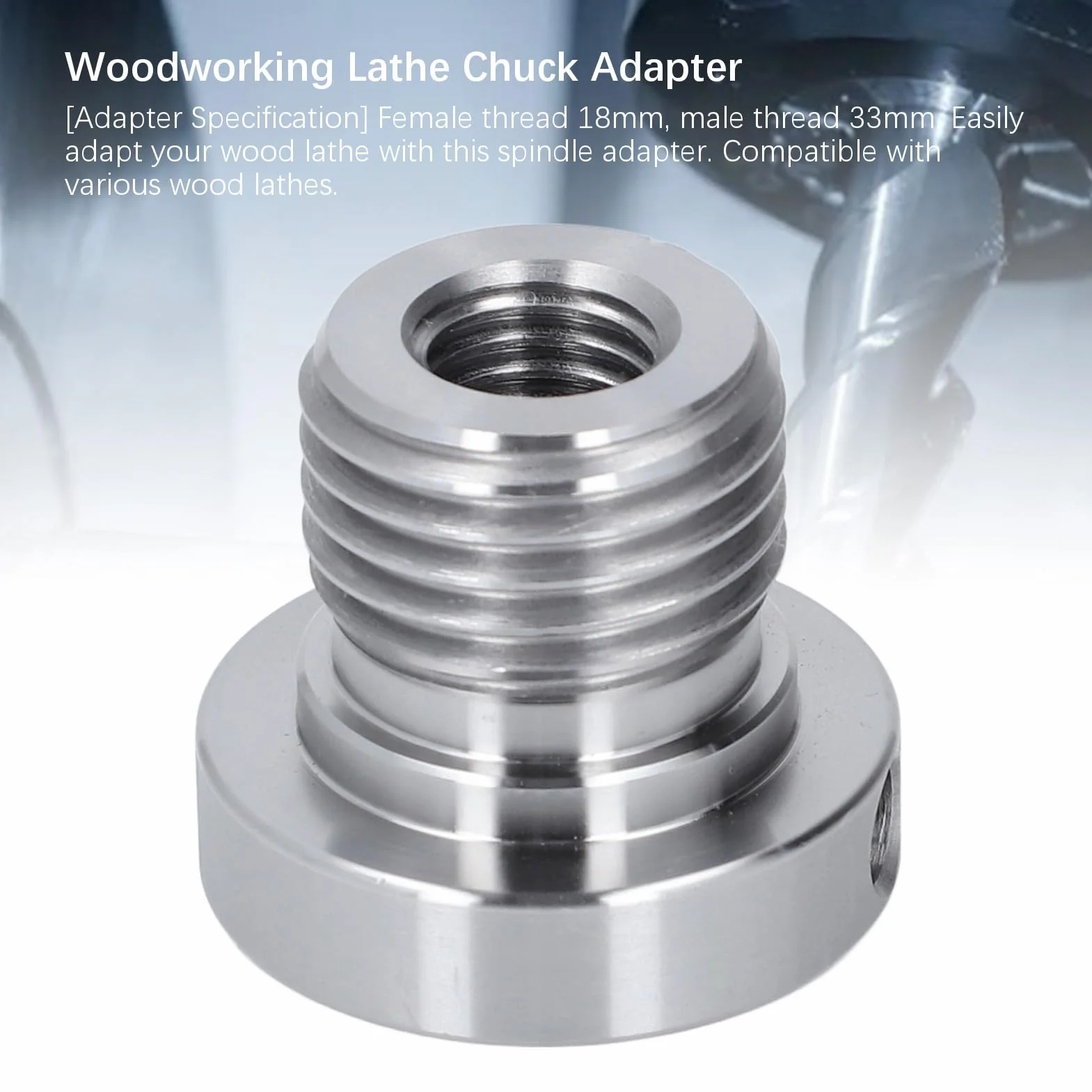 Adapter wrzeciona tokarki, gwint zewnętrzny 33 mm, gwint wewnętrzny 18 mm, adapter do wkładki, obróbka drewna