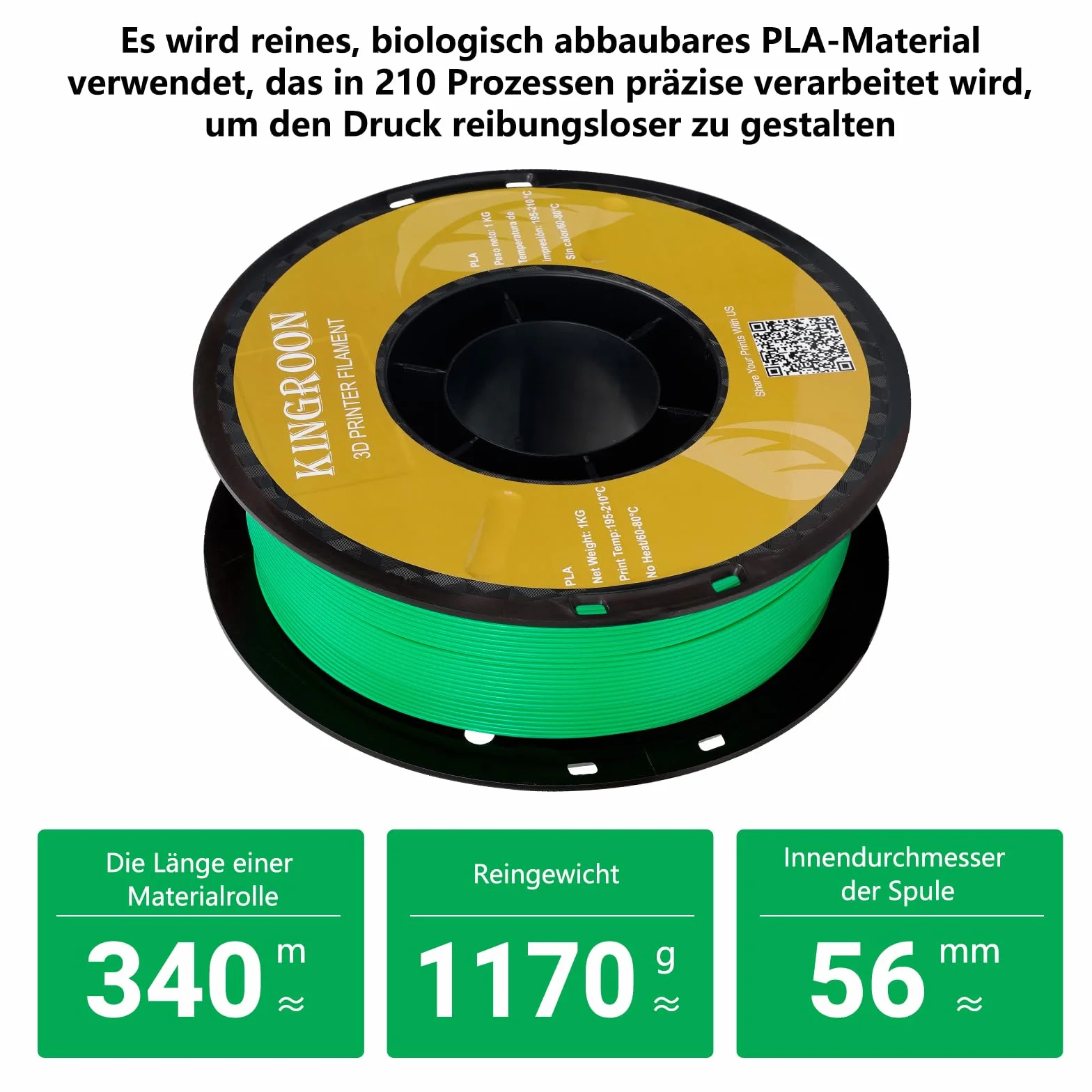 Kingroon Materiały eksploatacyjne do drukarek 3D PLA, dokładność wymiaru +/-0,03 mm, szpula 1 kg (2,2 lbs), 1,75 mm, zielone