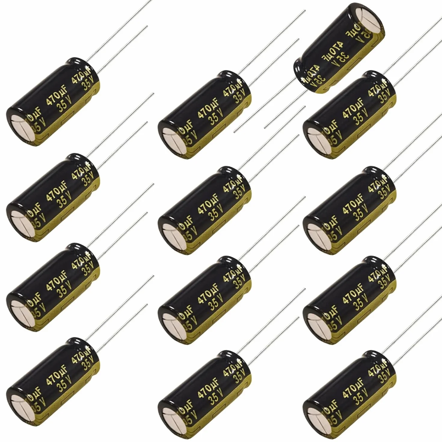 Zestaw kondensatorów elektrolitycznych Low ESR 470µF 35V - 10x17mm, Skok 5mm, -40°C / +105°C | Wysoka wydajność i stabilność napięcia; komponenty elektroniczne