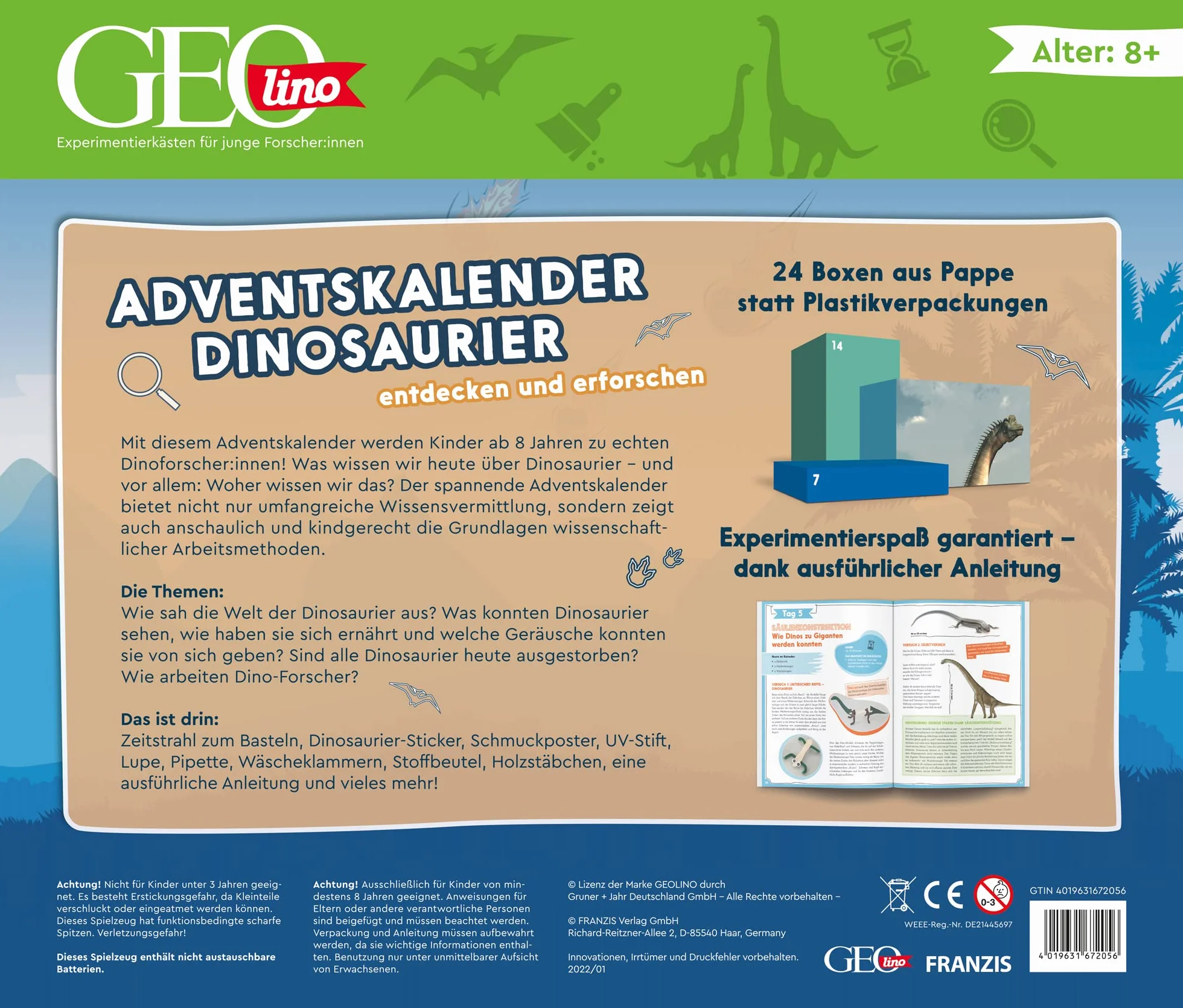 FRANZIS 67205 GEOlino Adventskalender Dinosaurier 24 Experimente für Kinder ab 8 Jahren