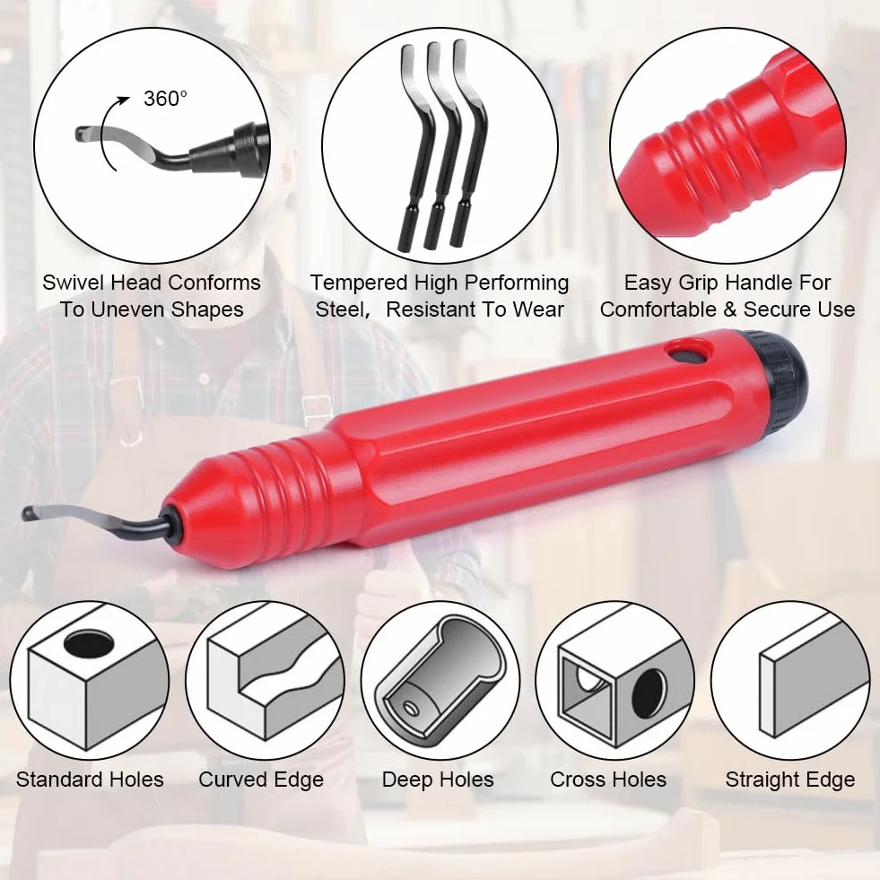 flintronic Uniwersalne narzędzie do usuwania zadziorów, z 10 zapasowymi ostrzami, obracane o 360°, narzędzie tnące do drukarki 3D, tworzywo sztuczne, aluminium i stal nierdzewna (1 narzędzie + 10