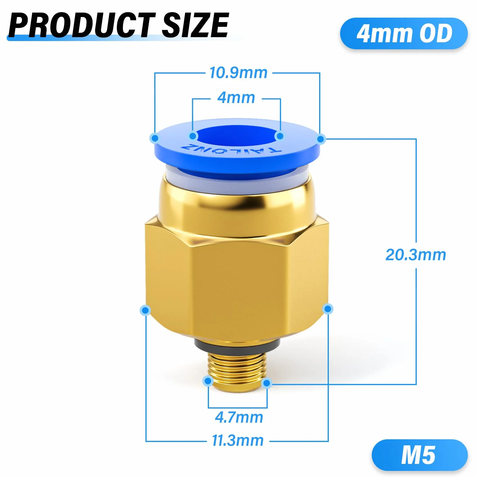 TAILONZ PNEUMATIC niebieski prosty męski 4 mm rura OD x M5 gwint Push-to-connect złącza PC4-M5 (10 szt.)