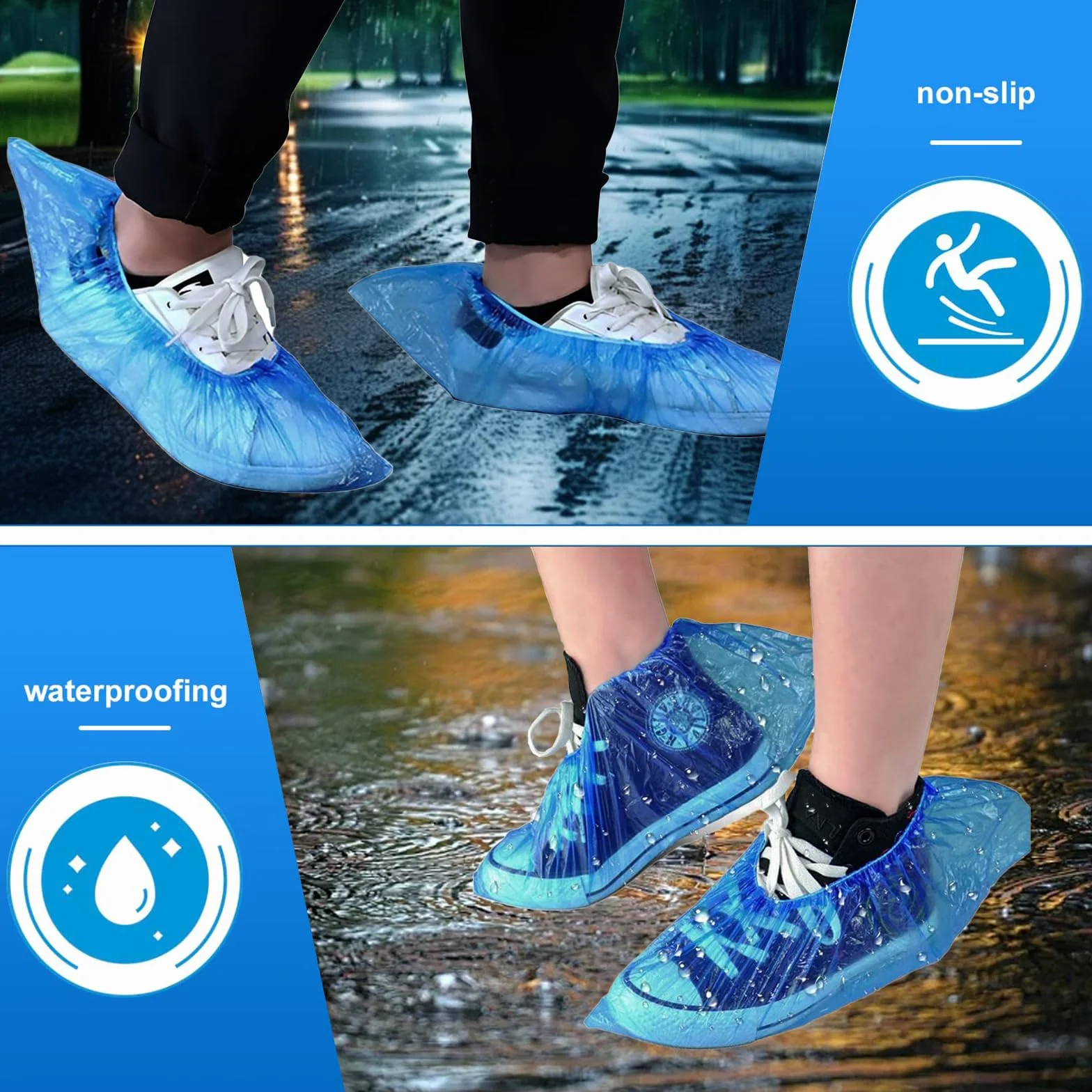 Jednorazowe ochraniacze na buty, 100 x niebieskich ochraniaczy na buty, wykonane z trwałego i wodoodpornego CPE do użytku wewnątrz i na zewnątrz, do czyszczenia domu