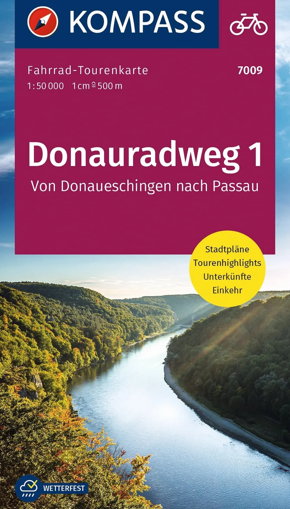 KOMPASS Fahrrad-Tourenkarte Donauradweg 1, von Donaueschingen nach Passau 1:50.000: Leporello Karte, reiß- und wetterfest: 7009