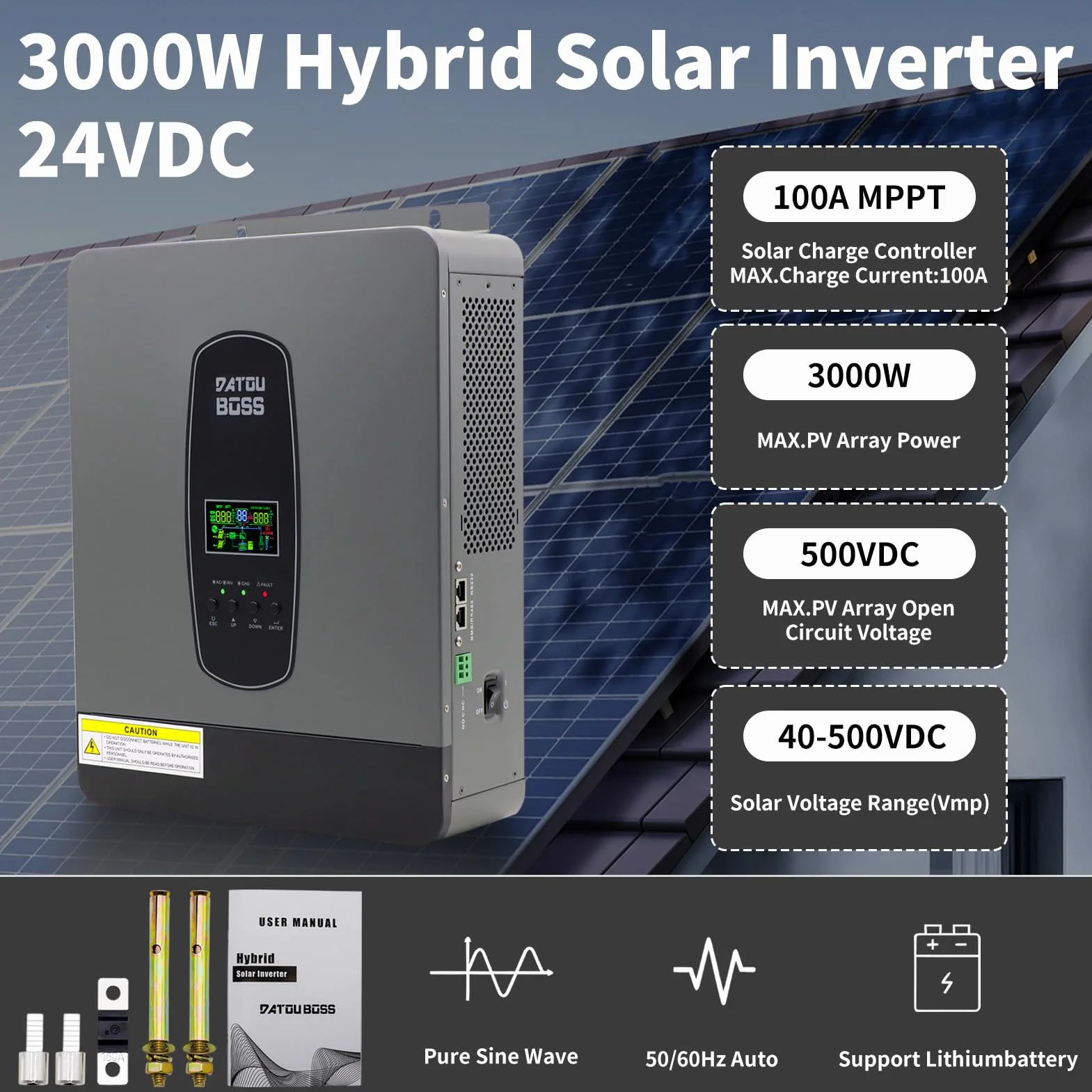 Hybrydowy Falownik 24V 3000W Czysty Sinus Z MPPT Regulatorem ładowania Słonecznego BMS