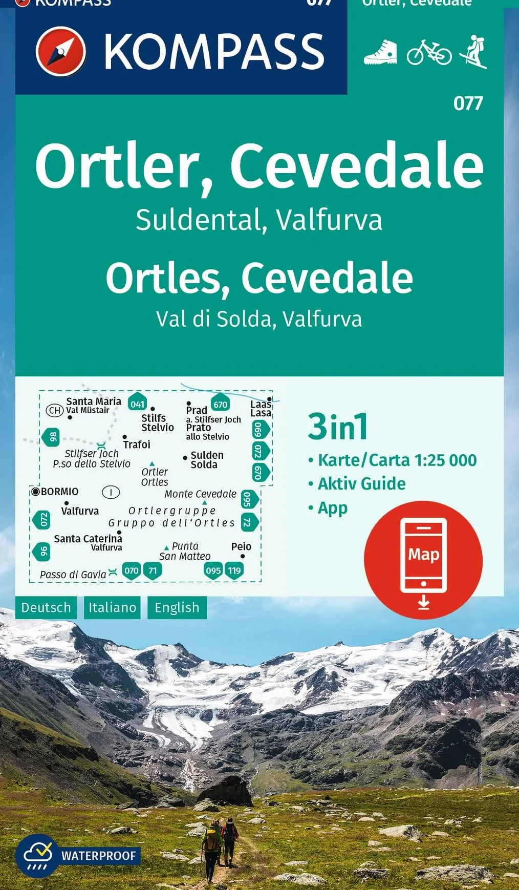Carta escursionistica Kom 077. Ortler, Cevedale, Suldental, Valfurva / Ortles, Cevedale, Val di Solda, Valfura: 3in1 Wanderkarte mit Aktiv Guide ... in der KOMPASS-App. Fahrradfahren. Skitouren.