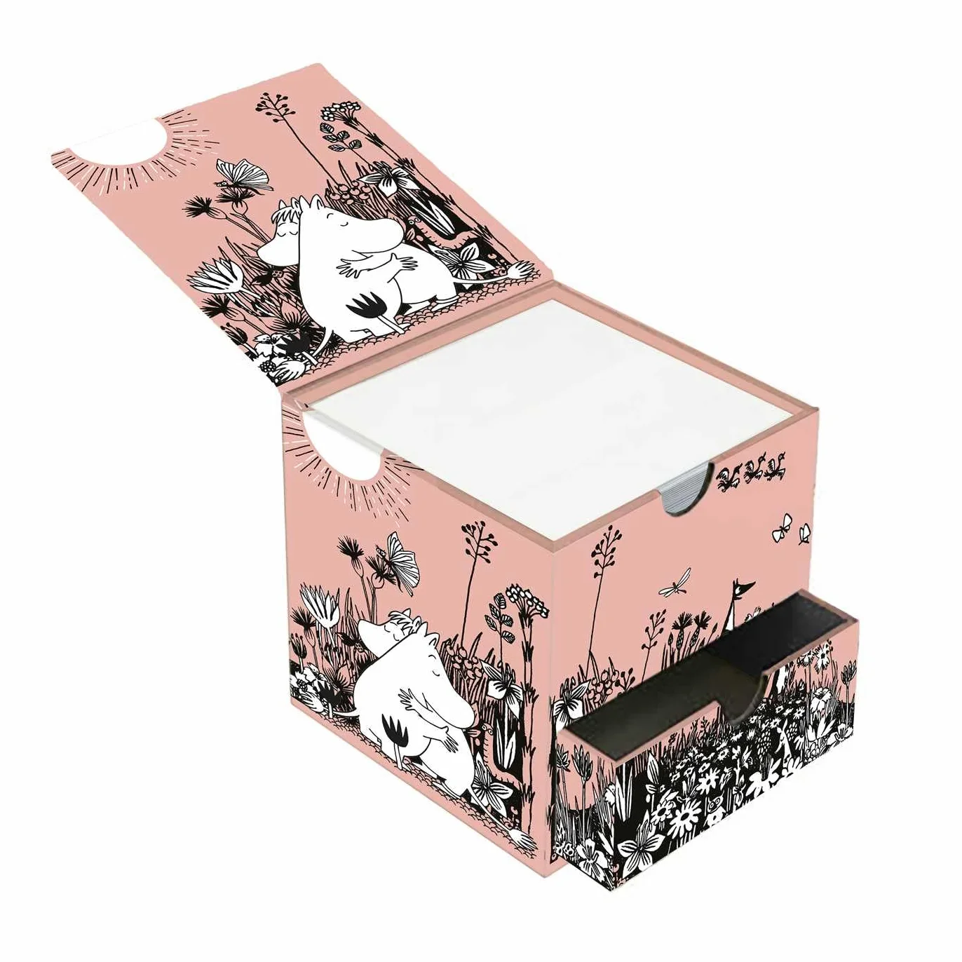 Moomin Love Flame Tree Memo Box with Drawer – Hochwertiger Memo Cube – Stabile Notizzettelbox mit Deckel – 450 Blatt leere Notizzettel – Schublade für Schreibtischutensilien