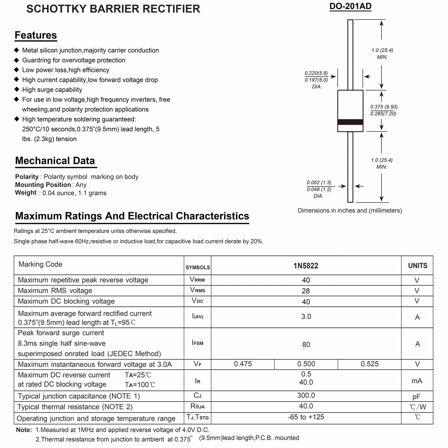 Schottky Diody 1N5822 3A 40V DO-201AD 30 sztuk
