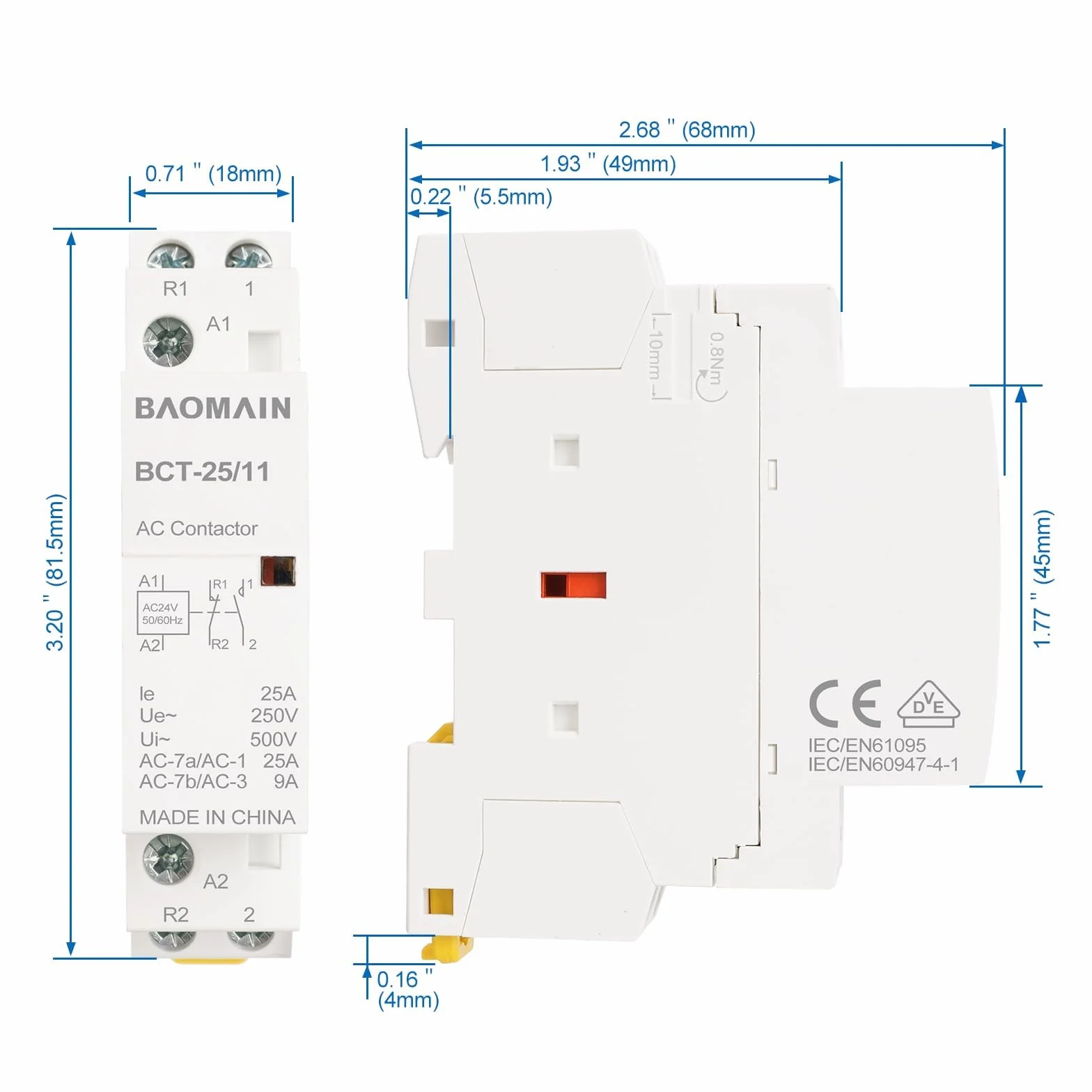 BAOMAIN Stycznik AC 2-biegunowy 25A AC 24V 35mm Montaż na szynie DIN BCT-25/11