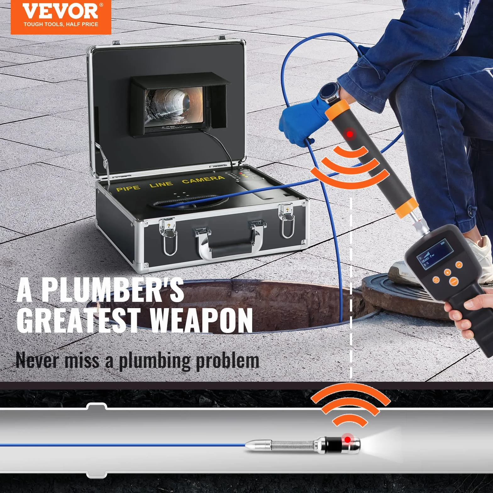 VEVOR Kamera inspekcyjna 512 Hz endoskop drenażowy 30 m ekran 7" DVR IP68 16 GB