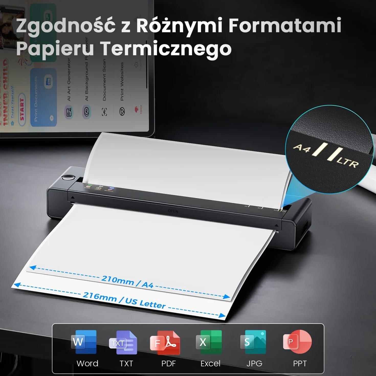 Drukarka Termiczna A4, Przenośna Drukarka Waży Tylko 585g, 300DPI Ostre Drukowanie & 1500mAh Długa Bateria, Bluetooth Kompatybilny z iOS i Android, Bezprzewodowa Drukarka Bez Tuszu dla Biura w Podróży