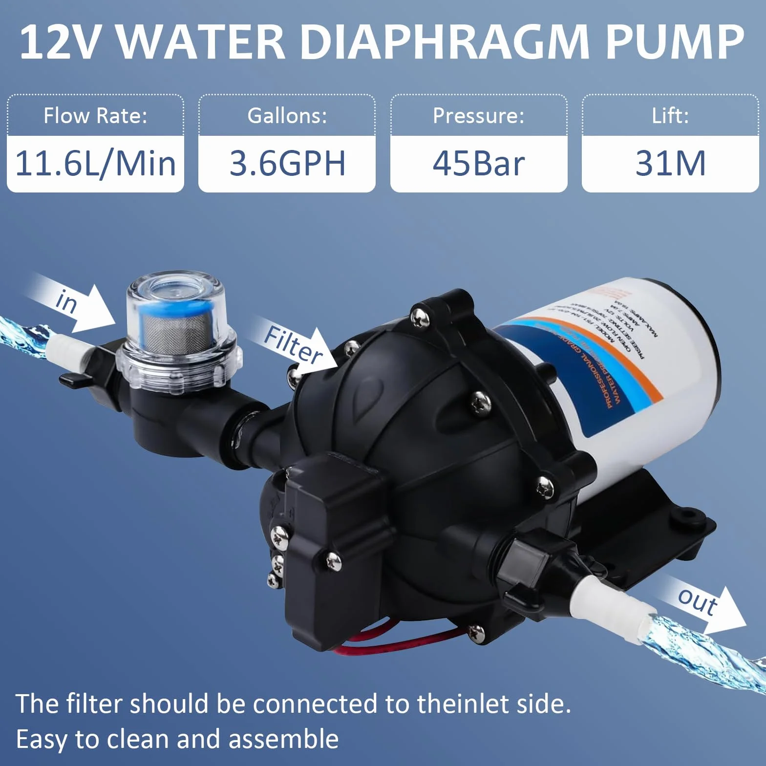 Pompa wodna 12V DC samozasysająca membrana 3,1 bar 11,6 l/min