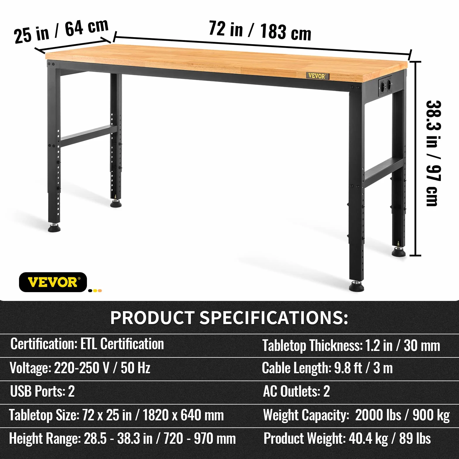 VEVOR Stół warsztatowy 183x64x97 cm regulowana wysokość 72-97 cm blat z twardego drewna stalowa rama