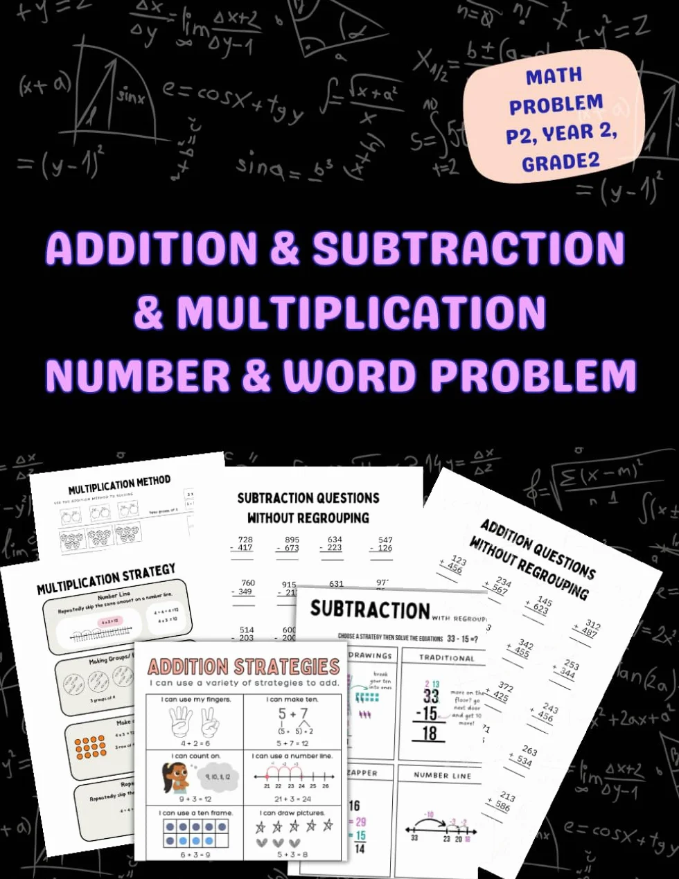 Math Problems P2 Year 2 Grade 2: Addition Subtraction Multiplication Number & Word Questions with Answers Key Age 6-8
