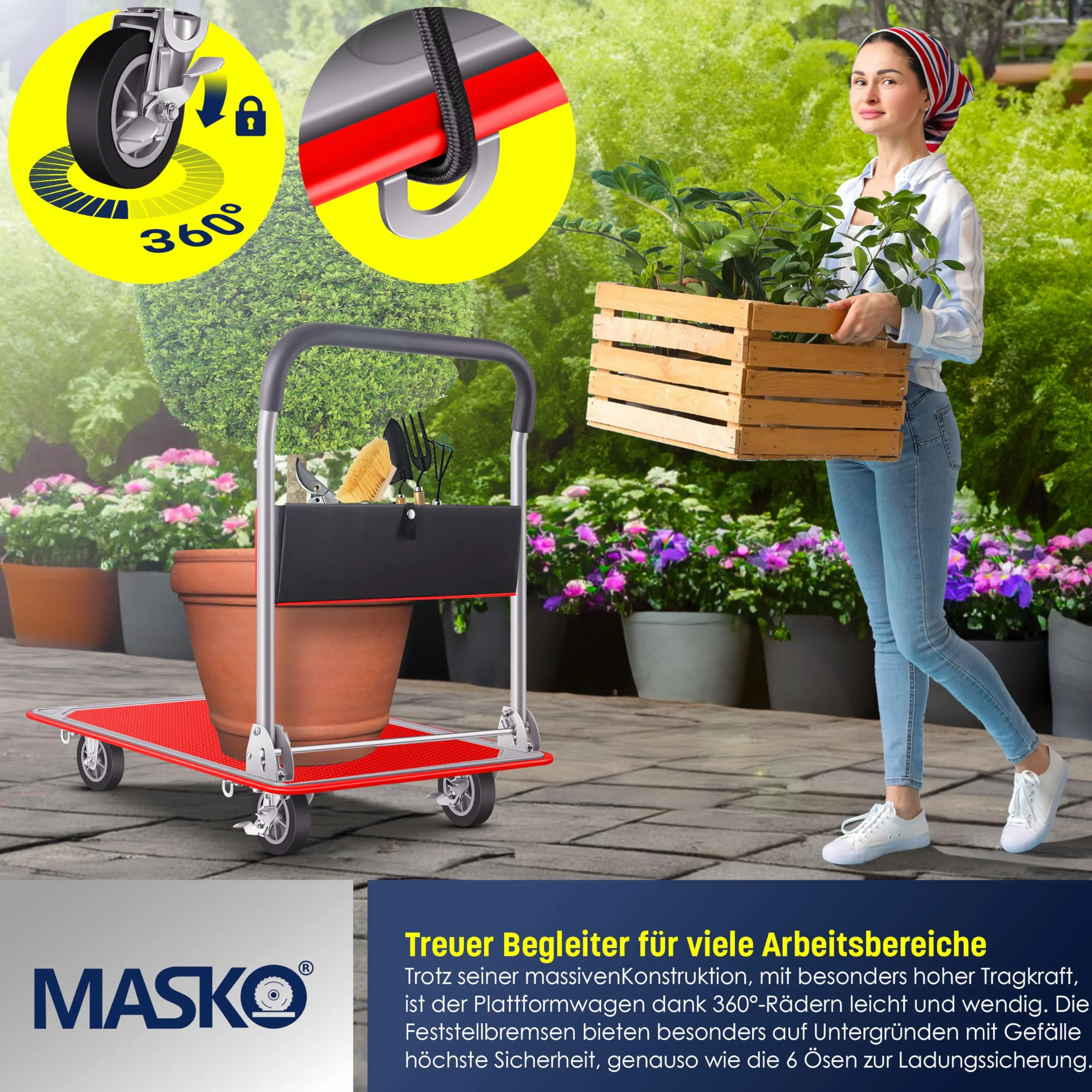 MASKO® Wózek z Platformą Transportowy, Składany z Rękawicami Roboczymi, Hamulec Postojowy, 6 Oczek Zabezpieczających, Kółka Skrętne 360°
