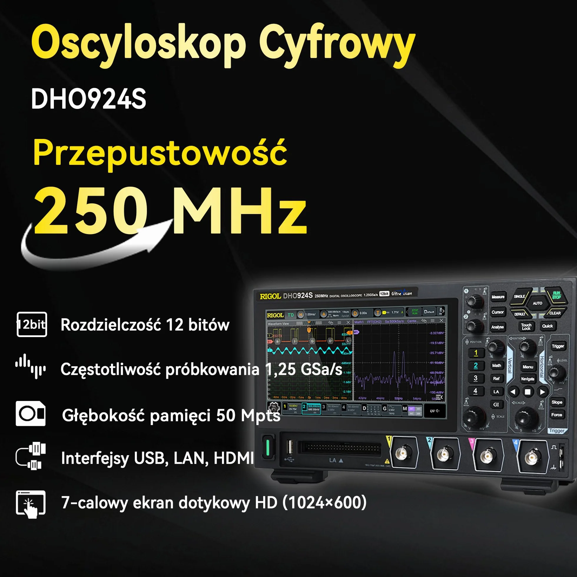 RIGOL DHO924S Oscyloskop,Przenośny Cyfrowy Oscyloskop,250 MHz,12 bit,4 kanały analogowe,16 kanałów cyfrowych,obsługuje analizę wykresu Bode'a,zintegrowany generator sygnałowy 25MHz