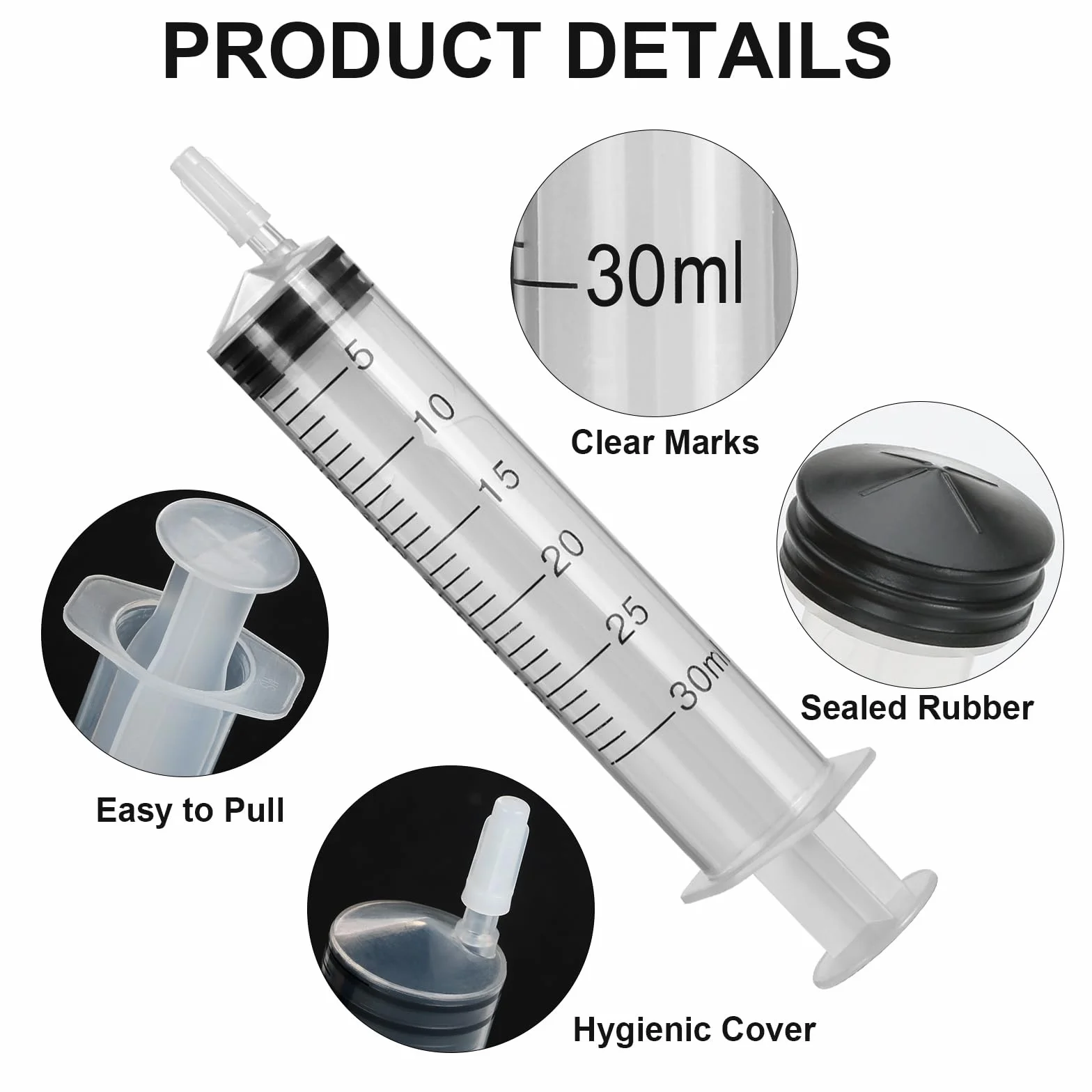 Strzykawka z tworzywa sztucznego, 6 sztuk, 30 ml, sterylne strzykawki do laboratoriów naukowych, strzykawka do pomiaru płynów, karmienia (6 x 30 ml)