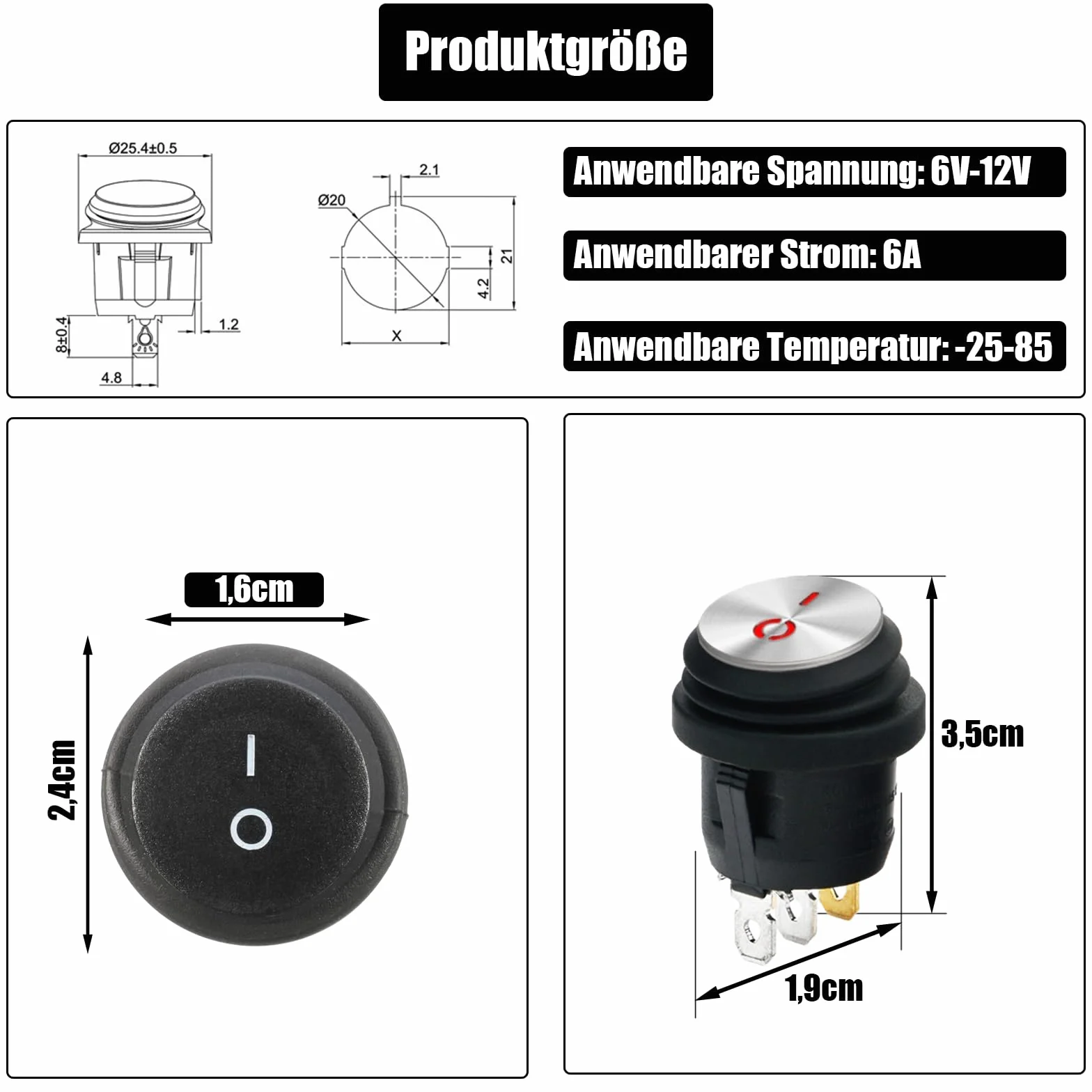 Powice 2 x wodoszczelny przełącznik dźwigienkowy 12 V z czerwonym światłem, okrągły, 3-biegunowy przełącznik 12 V, przełącznik 6 A/12 V, odpowiedni do montażu w domach, samochodach i urządzeniach
