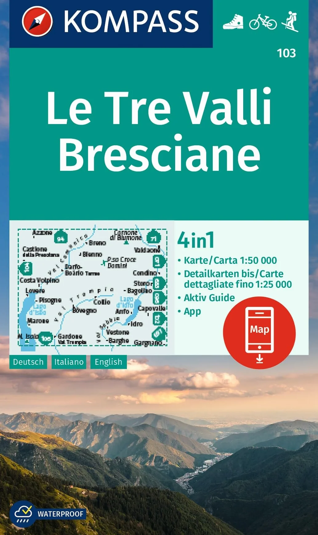 KOMPASS Wanderkarte 103 Le Tre Valli Bresciane 1:50.000: 4in1 Wanderkarte mit Aktiv Guide und Detailkarten inklusive Karte zur offline Verwendung in der KOMPASS-App. Fahrradfahren. Skitouren.