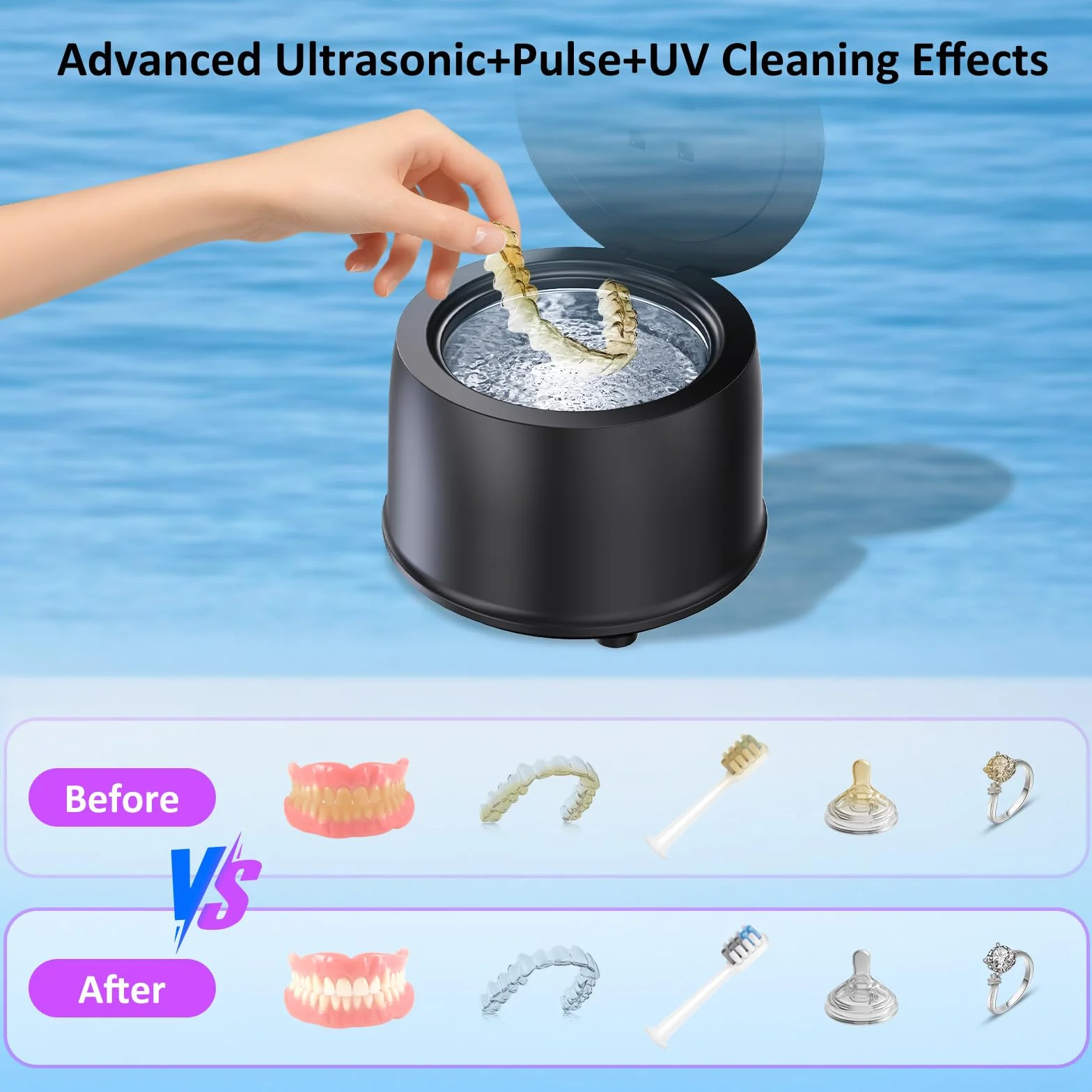 Ultrasoniczne urządzenie do czyszczenia zębów 45000 Hz, 200 ml, 4 tryby, 25 W, ultradźwiękowe urządzenie do czyszczenia szyn zębowych, protez, protez, protez, główki szczoteczki do zębów (czarne)