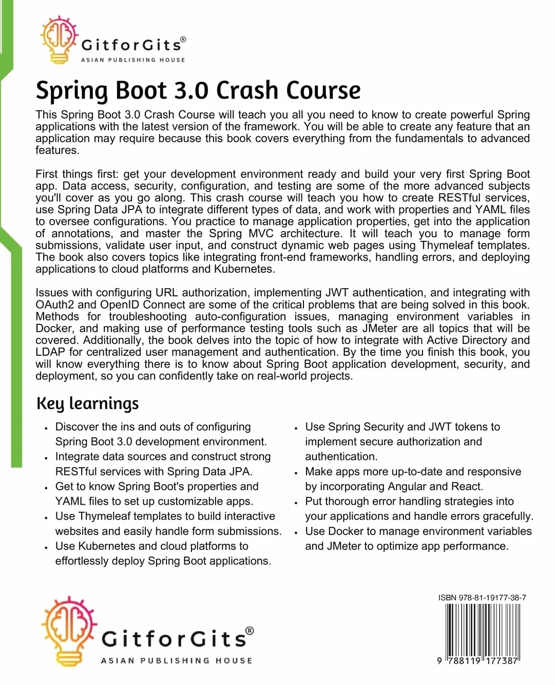 Spring Boot 3.0 Crash Course: Mastering Spring Boot Development, Security, Data Access, Integration, Deployment