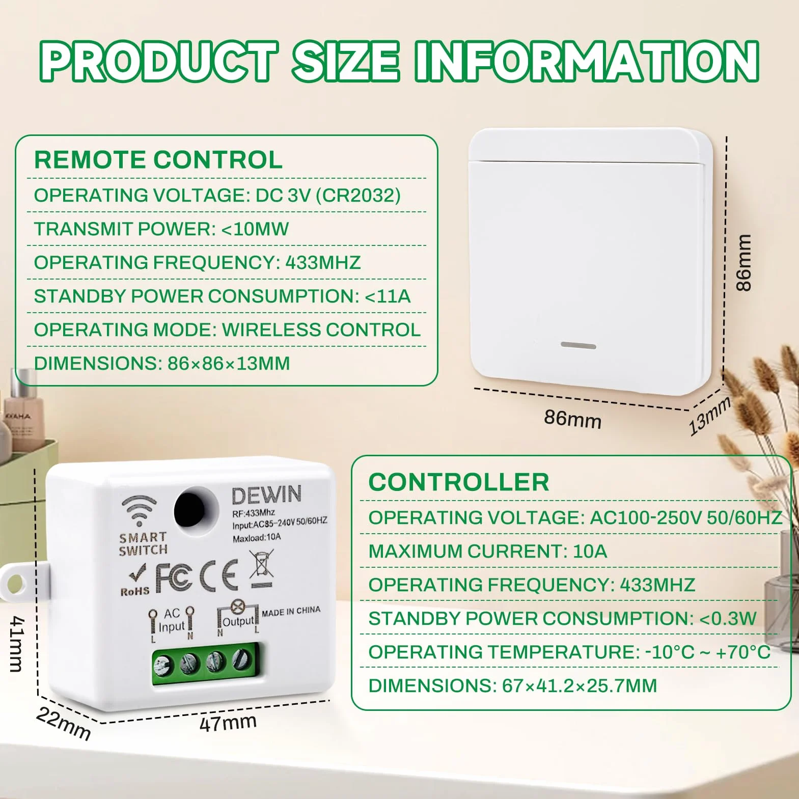 DEWIN Przełącznik radiowy, Smart Switch, zestaw z pilotem zdalnego sterowania 433 MHz, bezprzewodowy kontroler AC 85-240 V, 10 A, mini moduł przekaźnika