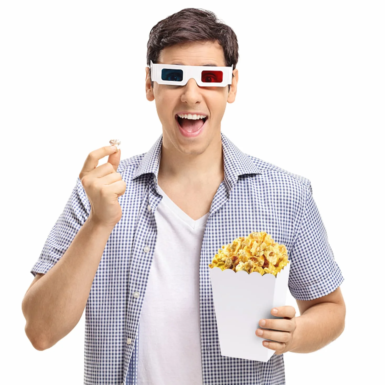 20 białych miseczek na przekąski, pudełka na imprezę, papierowe torby na popcorn na imprezę, pikniki