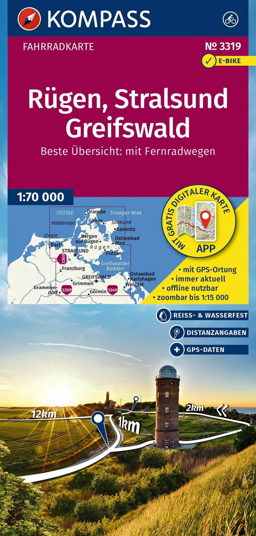 KOMPASS Fahrradkarte 3319 Rügen, Stralsund, Greifswald 1:70.000 reiß- und wetterfest