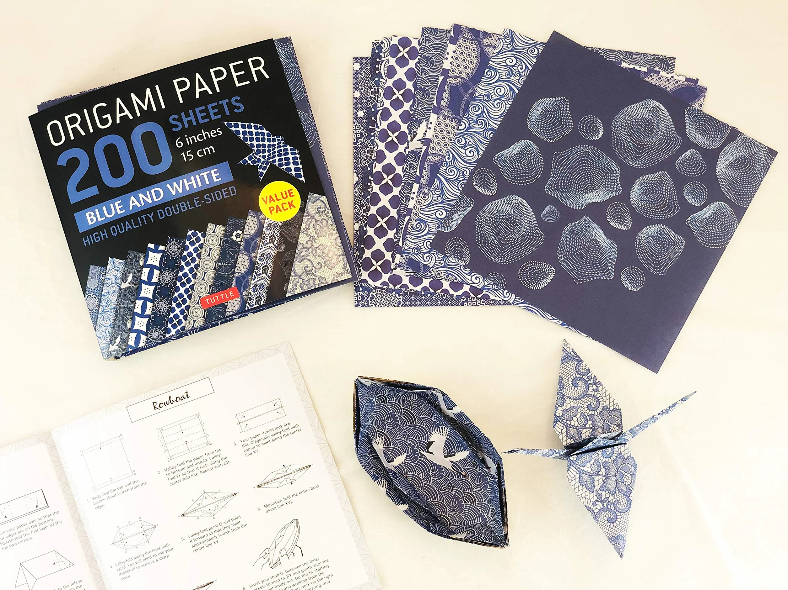 Origami Paper 200 Sheets 6" (15 cm) Double Sided Blue White Patterns 12 Designs