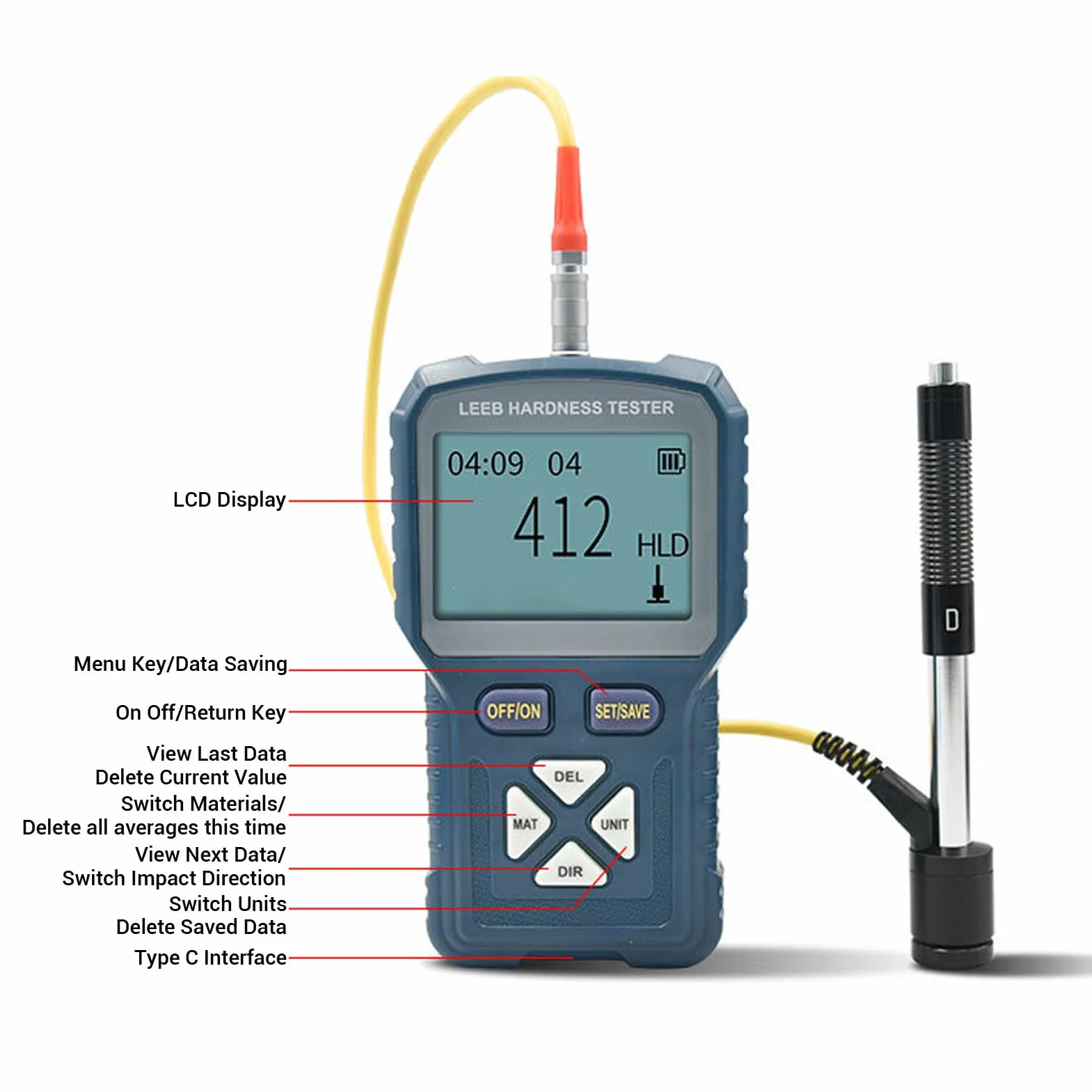 Tester Twardości Metalu, Zestaw do Pomiaru Twardości z Wyświetlaczem LCD, Bateria 1800 MAh, Przenośny Miernik Twardości do Stali, Miedzi i Mosiądzu (wtyczka UE)