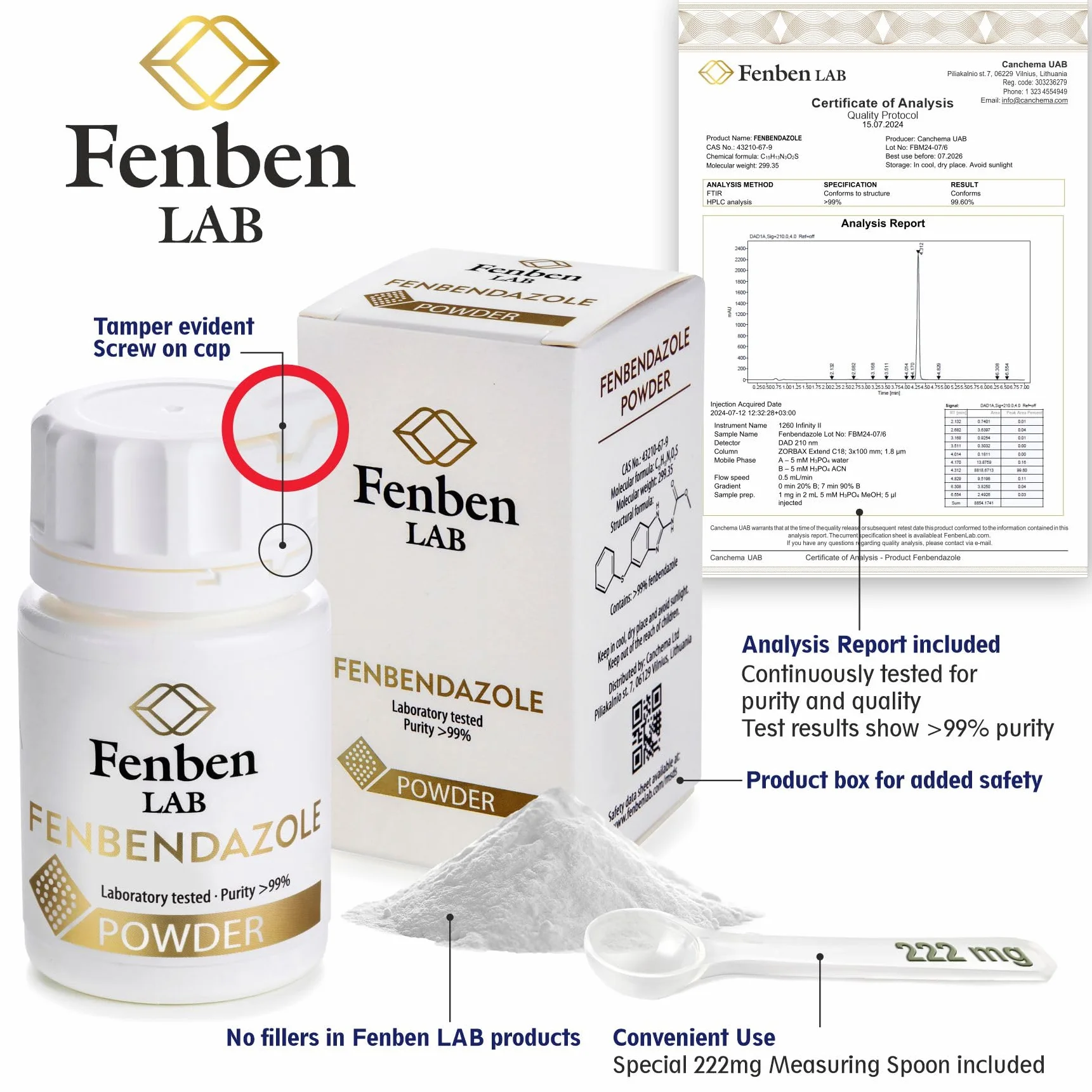 Fenbendazole 25g Proszku, Czystość >99.9%, Fenben Lab, Certyfikat Analizy