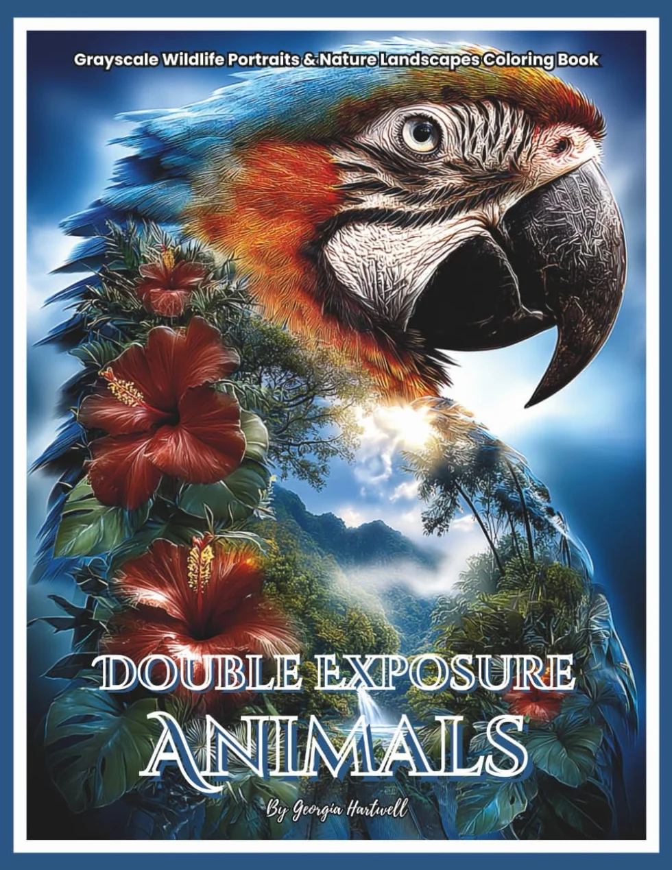 Double Exposure Animals: Grayscale Wildlife Portraits and Nature Landscapes Coloring Book for Stress Relief Mindfulness