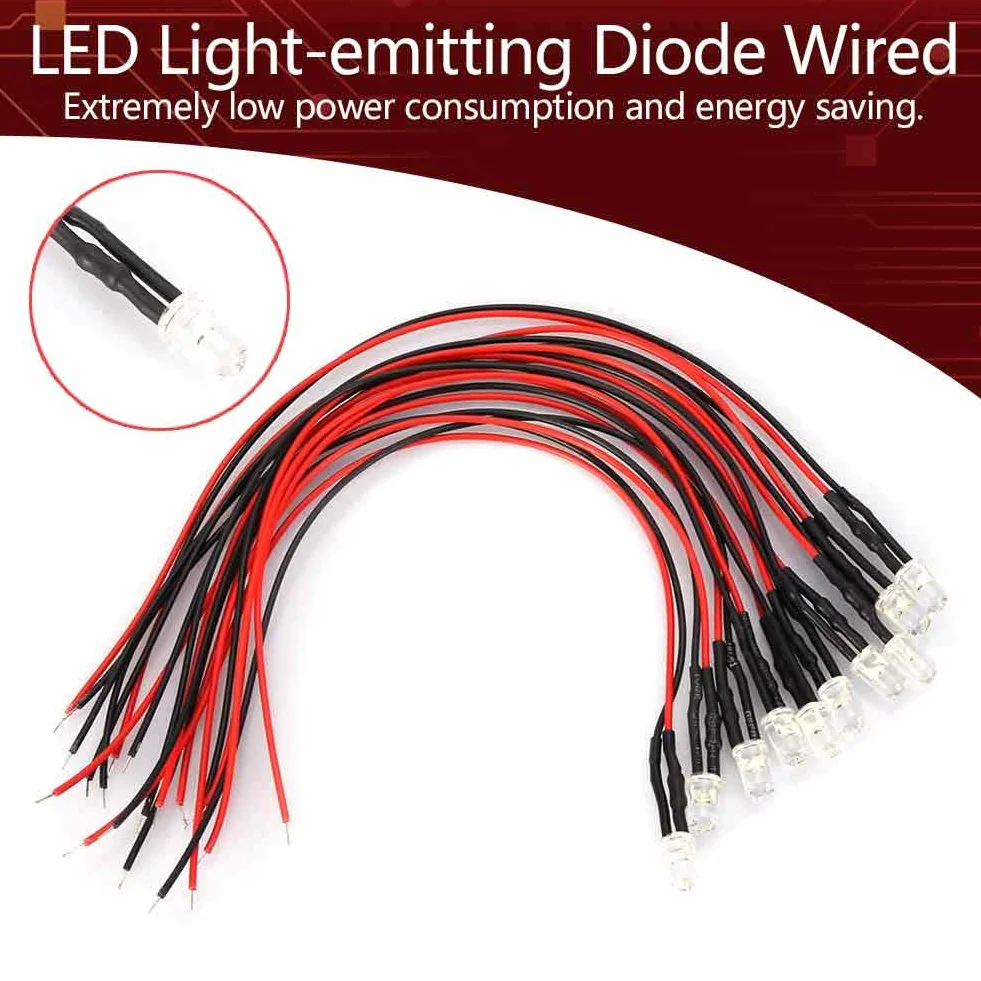 10 szt. 12 V 5 mm dioda LED, przewodowa, wielokolorowy kabel świetlny LED, oszczędność energii, okablowanie diody, 20 cm, 0,06 W, 10 szt