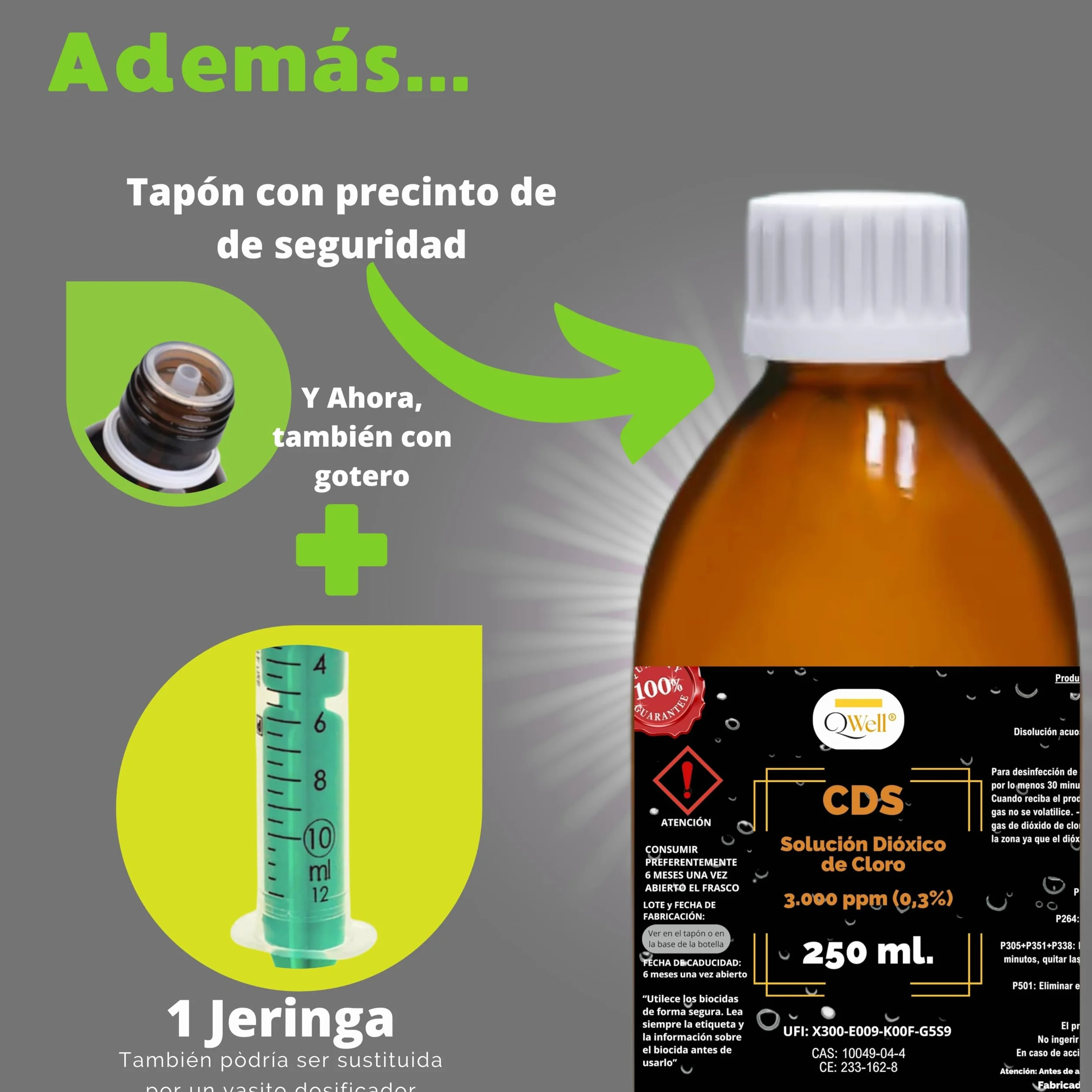 CDS 250 ml QWell | roztwór dwutlenku chloru 3000 ppm | bardzo wysoka czystość | bursztynowy kryształ z sterylnym dozownikiem i zakraplaczem | aktywny roztwór 0,3% w wodzie o bardzo dużej szczelności