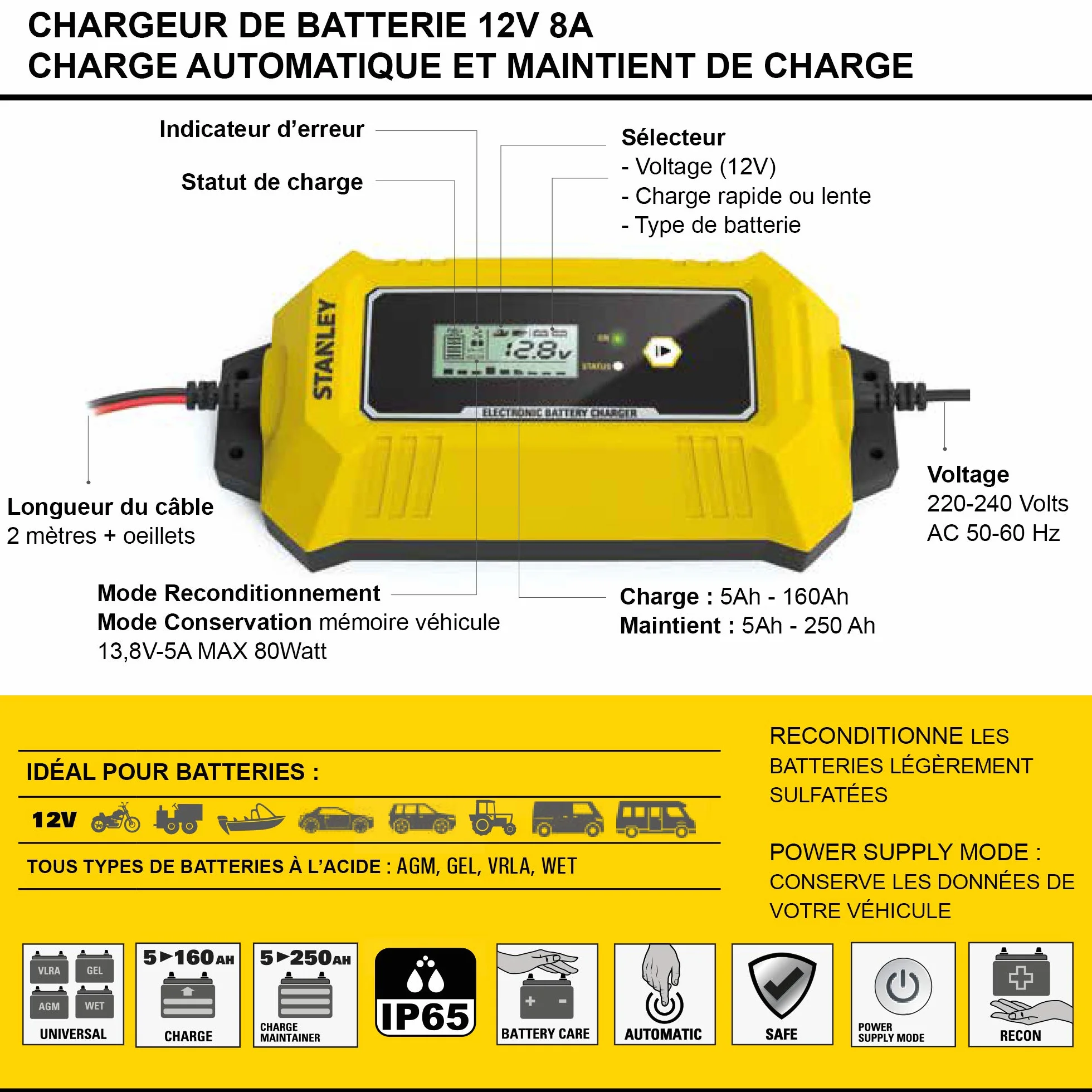 STANLEY Inteligentna ładowarka akumulatorów 12 V 8 A
