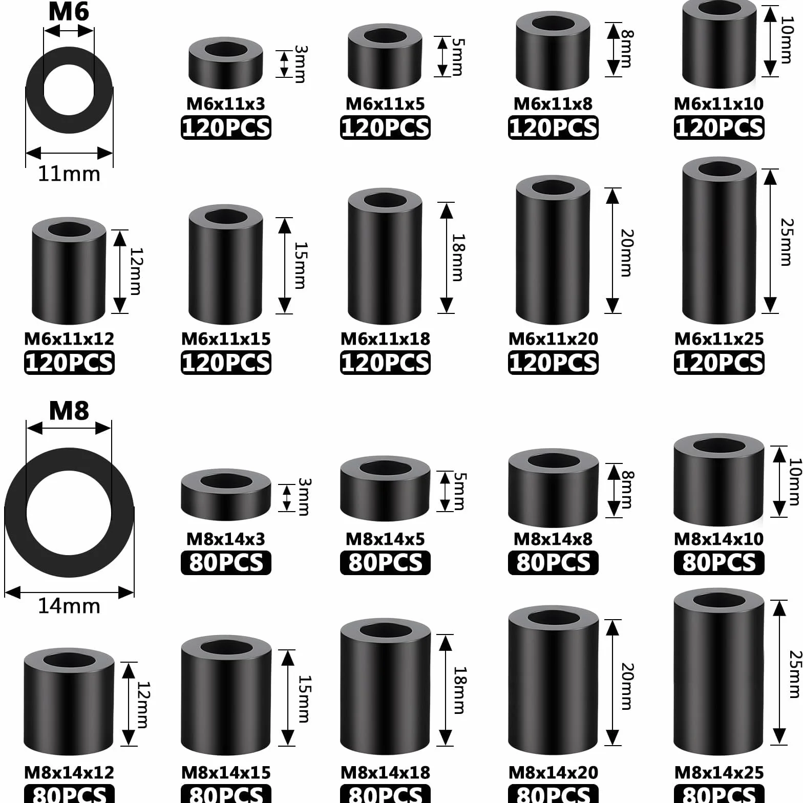 Tulejki dystansowe M8 z tworzywa ABS 12x14mm czarne izolacja