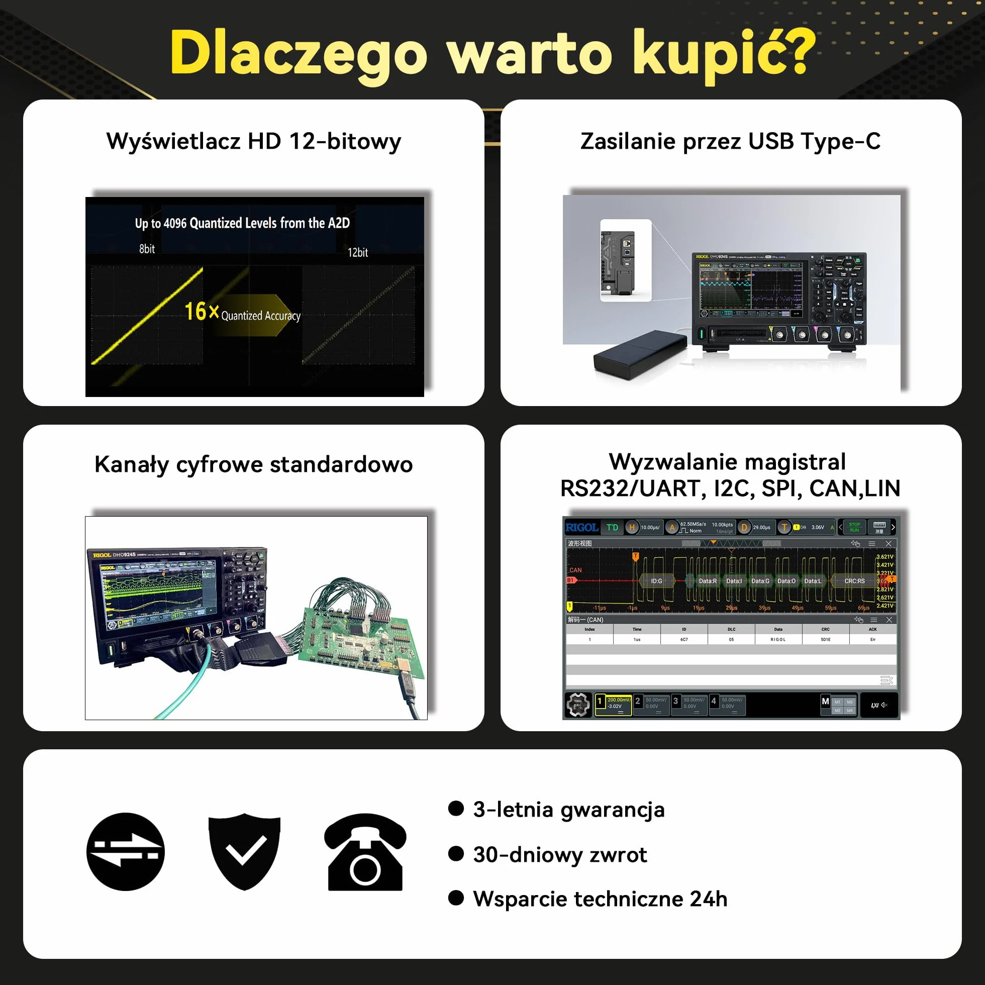 RIGOL DHO924S Oscyloskop,Przenośny Cyfrowy Oscyloskop,250 MHz,12 bit,4 kanały analogowe,16 kanałów cyfrowych,obsługuje analizę wykresu Bode'a,zintegrowany generator sygnałowy 25MHz