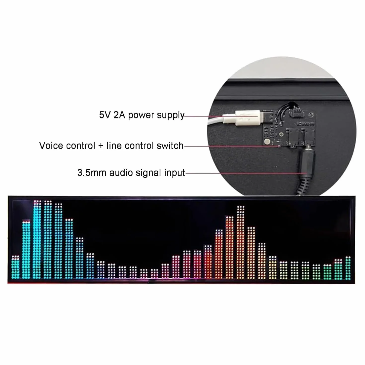 Analizator spektrum rytmu muzyki, wskaźnik poziomu dźwięku RGB, 5 trybów wyświetlania zegara, wejście audio 3,5 mm, sterowanie dźwiękiem / sterowanie linią, 36 stylów i 16 kolorów, do studia