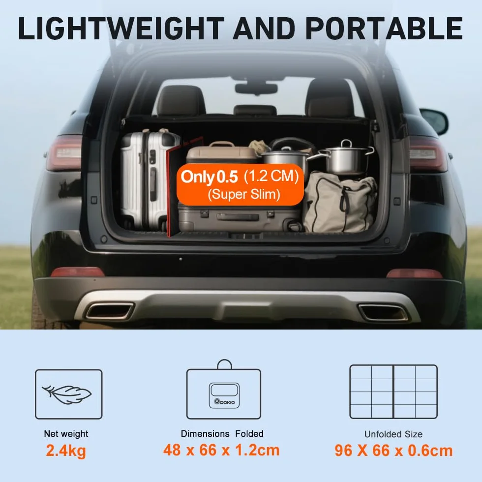 DOKIO 110 W 18 V składane moduły solarne, monokrystaliczne z regulatorem solarnym (wyświetlacz LCD + 2 wyjście USB) do baterii 12 V, AGM, do akumulatora żelowego, kwasowego, generatorów
