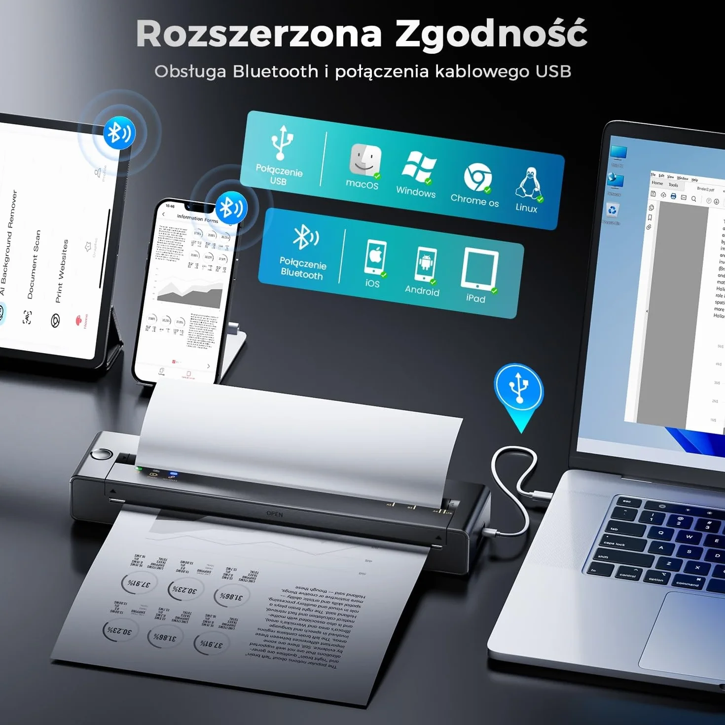 Drukarka Termiczna A4, Przenośna Drukarka Waży Tylko 585g, 300DPI Ostre Drukowanie & 1500mAh Długa Bateria, Bluetooth Kompatybilny z iOS i Android, Bezprzewodowa Drukarka Bez Tuszu dla Biura w Podróży