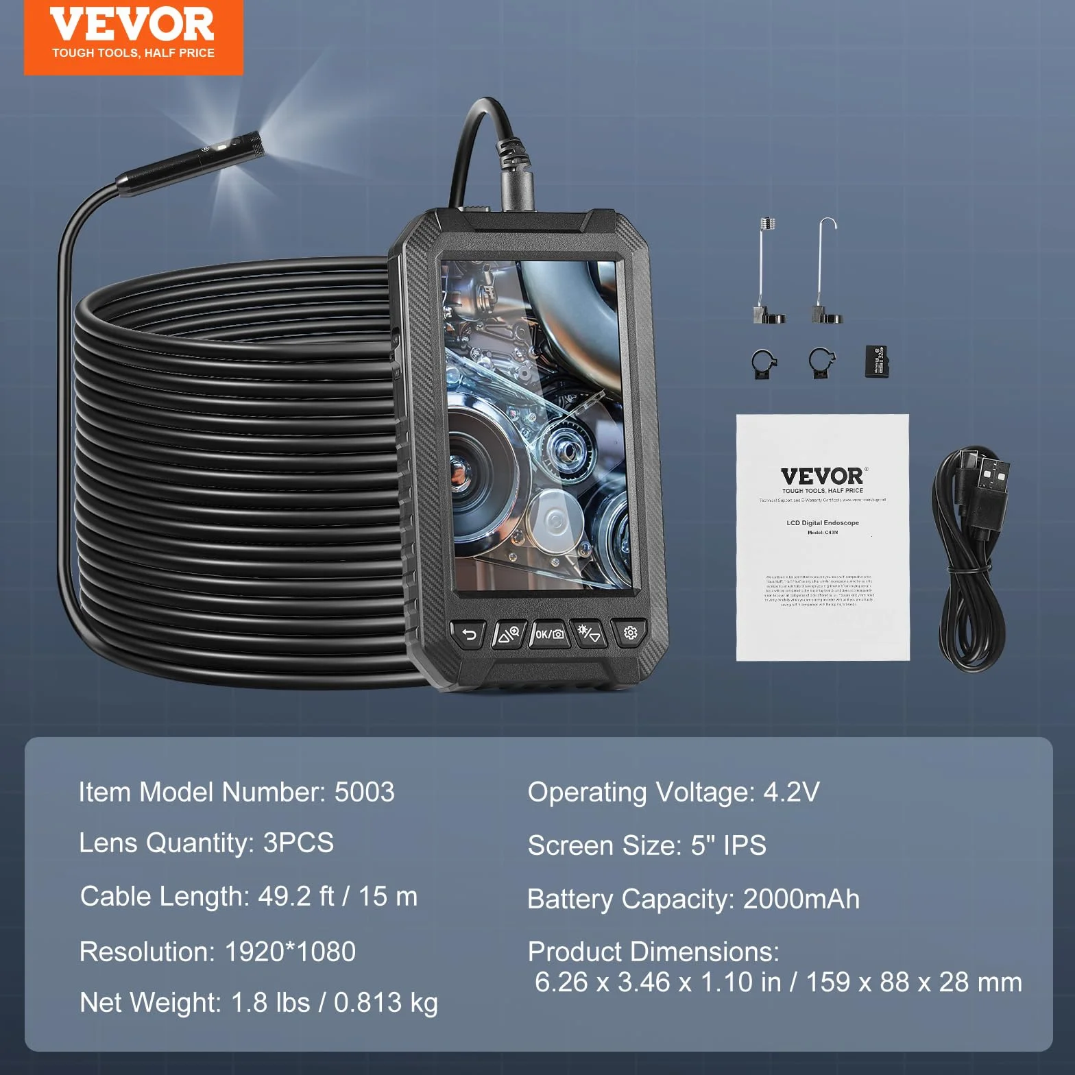 VEVOR Aparat endoskopowy, potrójna soczewka, endoskop z półsztywnym kablem o długości 15 m, ekran 12,7 cm, kamera inspekcyjna 1080p, 8 + 2 diody LED, wodoszczelność IP67, kamera wężykowa do samochodu,