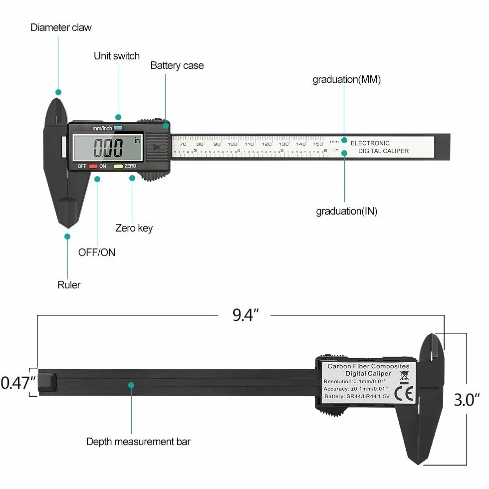 Suwmiarka cyfrowa, 150 mm / 6", suwmiarka z wyświetlaczem LCD, bardzo precyzyjna, do pomiarów wewnętrznych i głębokości, czarna