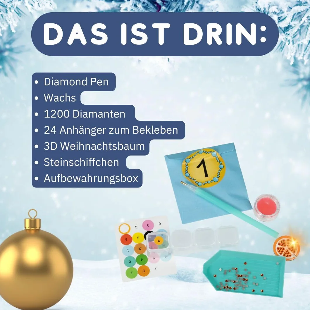 Weihnachtszauber - Der Diamond-Painting-Adventskalender. Mit Material und Werkzeug für 24 Baumanhänger: Aufstellbaum (30 cm), Werkzeug und 1200 Diamanten aus Glas in 19 Farben für 24 Anhänger