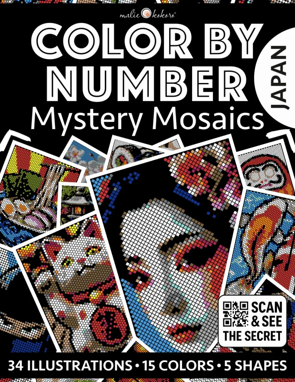 Color by Number: Japan | Black Background Edition | Mystery Mosaics Coloring Book for Adults | Pixel Art Coloring for Relaxation and Mindfulness: ... Triangle, Diamond, Hexagon | Japanese Vibes