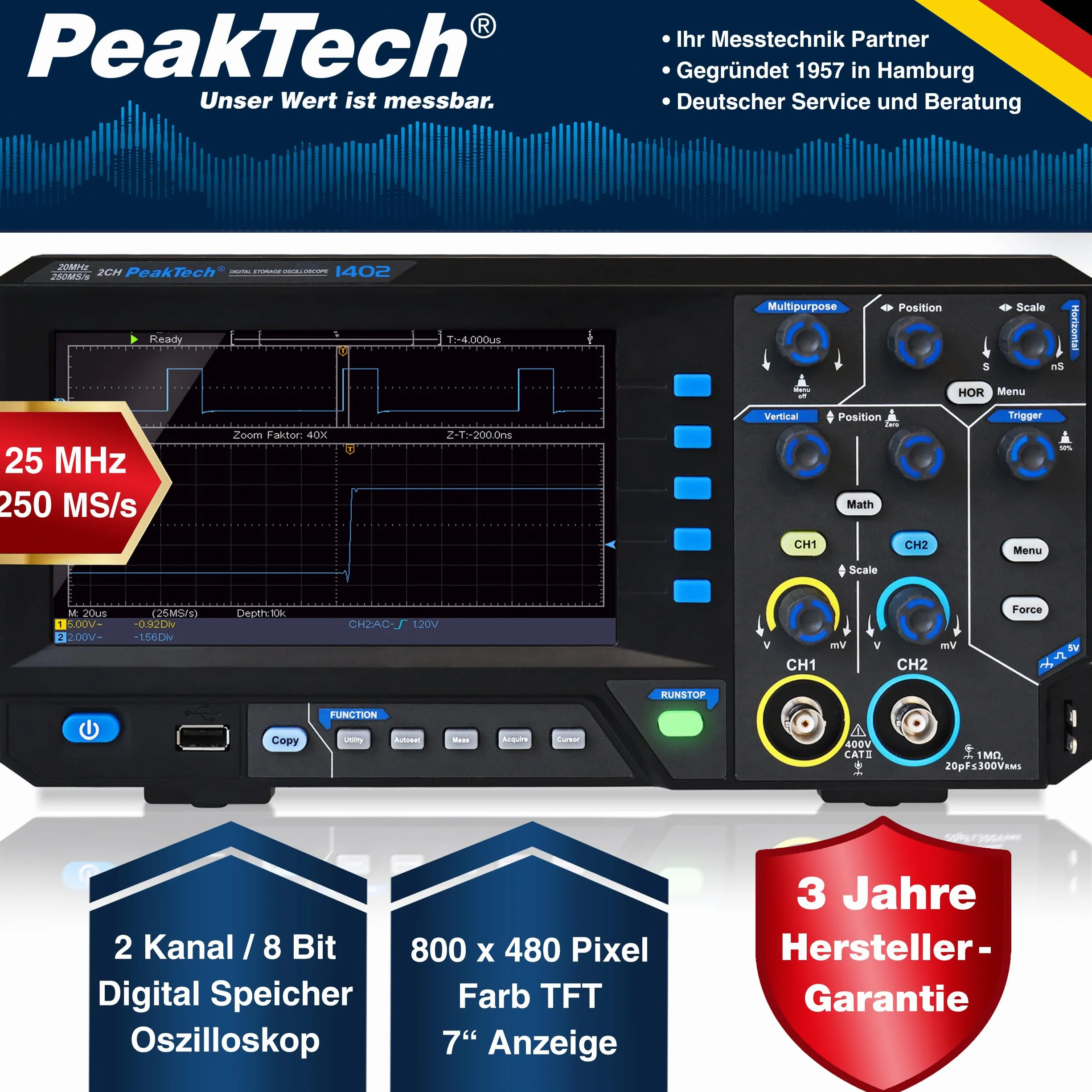 Peaktech P 1402 Oscyloskop Cyfrowy 20 MHz Czarny