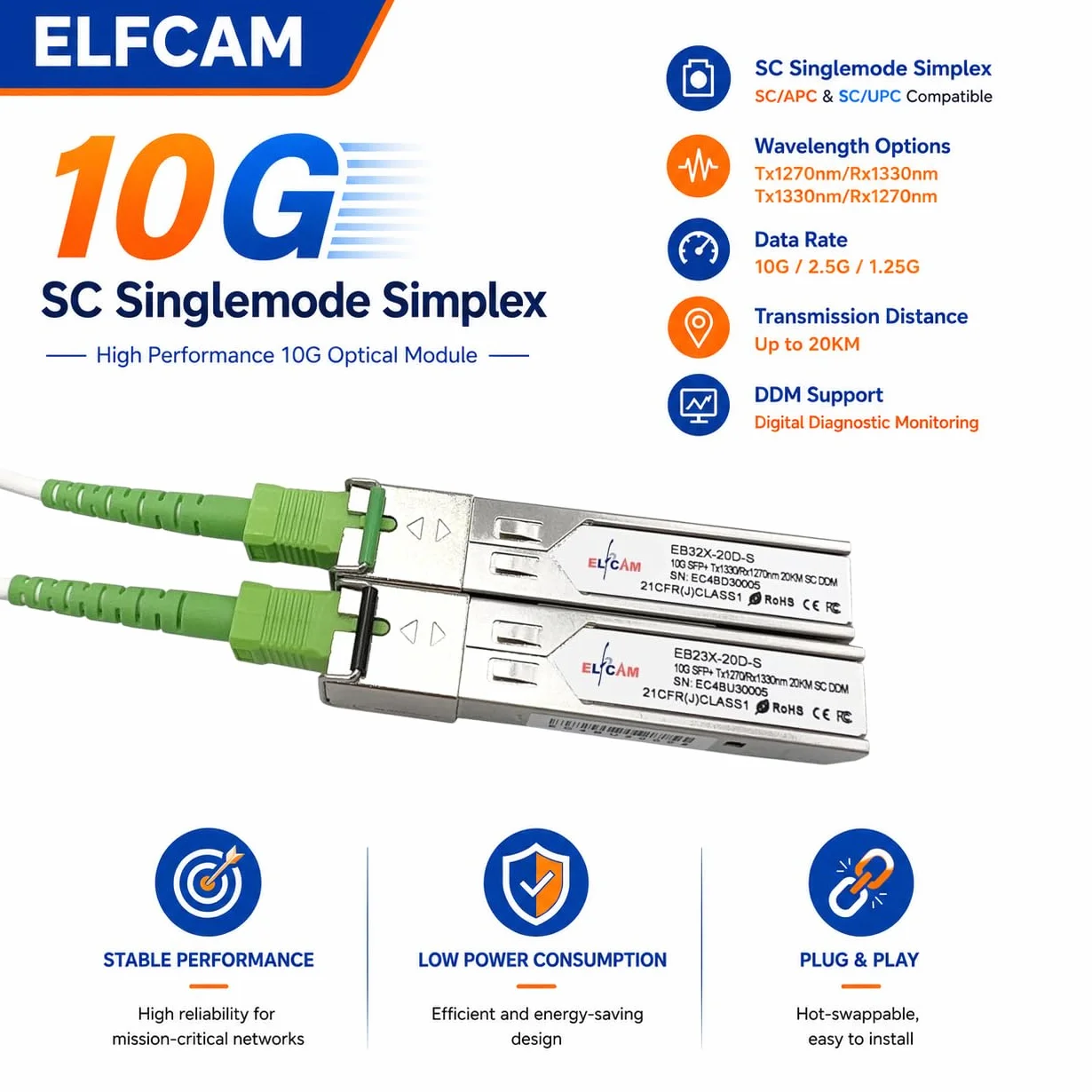 Elfcam 10 Gbps SFP+ BIDI 1270nm/1330nm światłowodowy moduł nadawczo-odbiorczy SC Simplex DDM 20 km