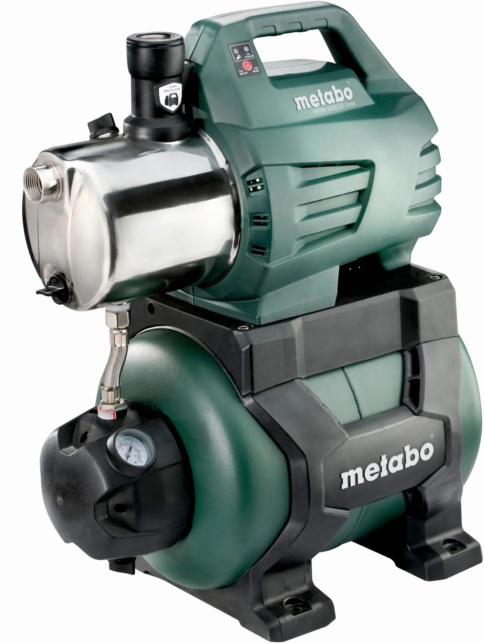 Metabo hydrofor HWW 6000/25 INOX (600975000) – W kartonie – Moc znamionowa: 1300 W – Maks. wydajność: 6000 l/h – Maks. wysokość podnoszenia: 55 m – Wymiary: 64 x 52,5 x 36 cm