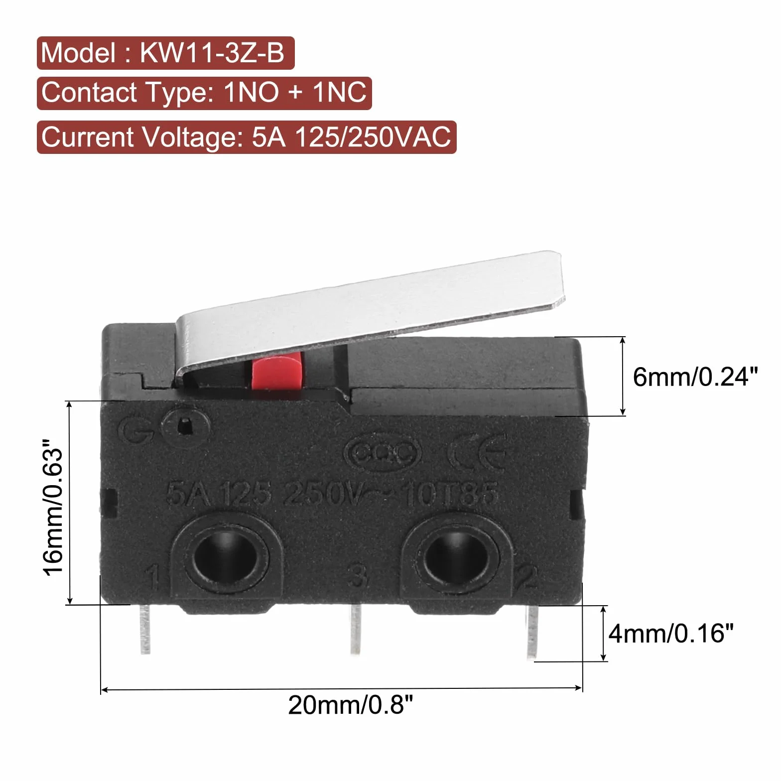 QUARKZMAN KW11-3Z-B 1NO + 1NC mikroprzełącznik 5A 125/250VAC, wodoszczelny, miniaturowy mikroprzełącznik do precyzyjnych komponentów, 6 sztuk